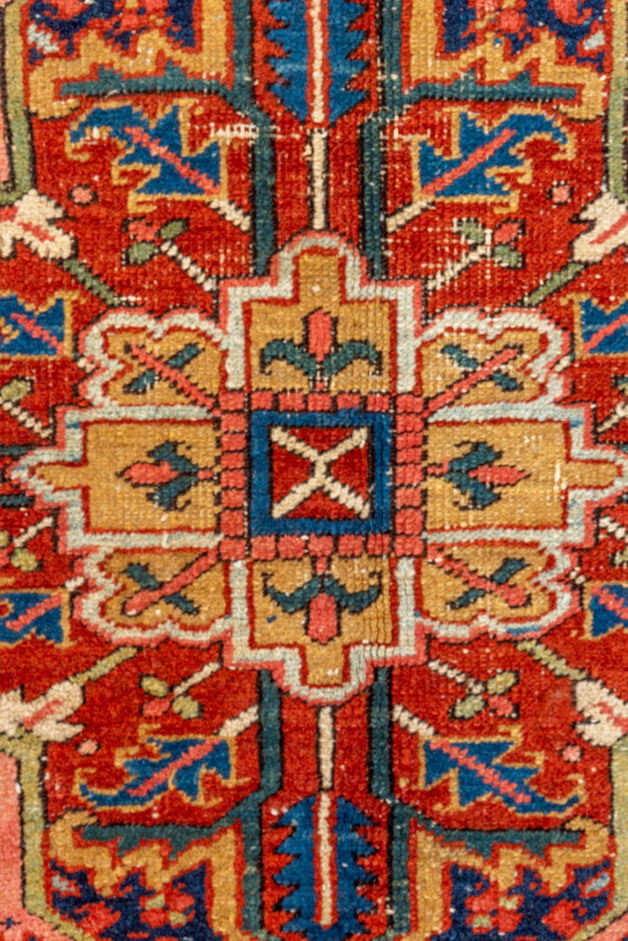 5' x 8' one-of-a-kind handmade vintage Heriz medium size rug. Color palette: coral, navy, sky blue, ivory, rust, sage, camel