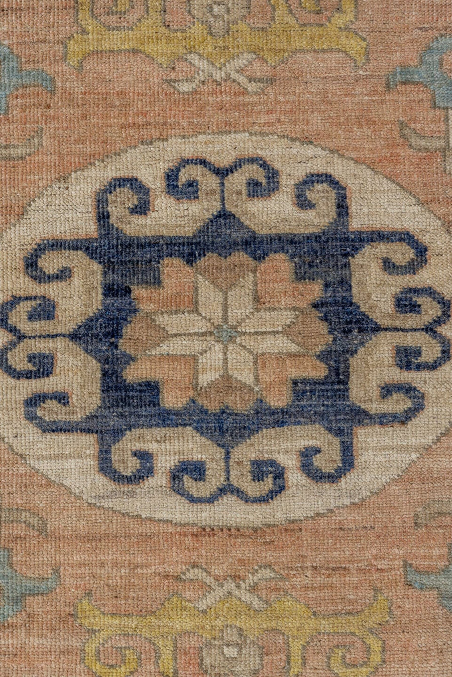 10' x 14' one-of-a-kind handmade vintage Khotan large size rug. Color palette: pale blue, ivory, navy, blush, beige, gold
