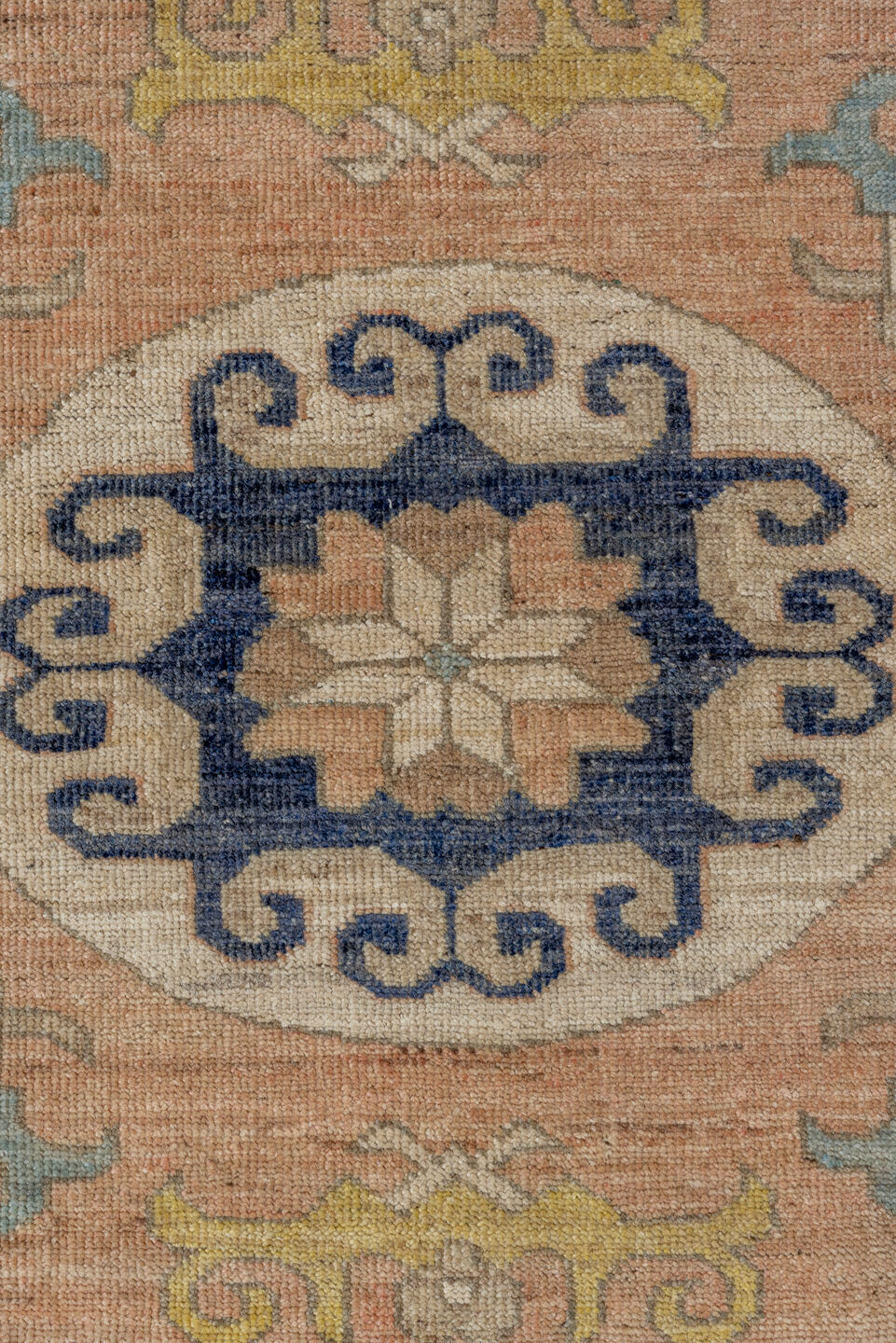 10' x 14' one-of-a-kind handmade vintage Khotan large size rug. Color palette: pale blue, ivory, navy, blush, beige, gold