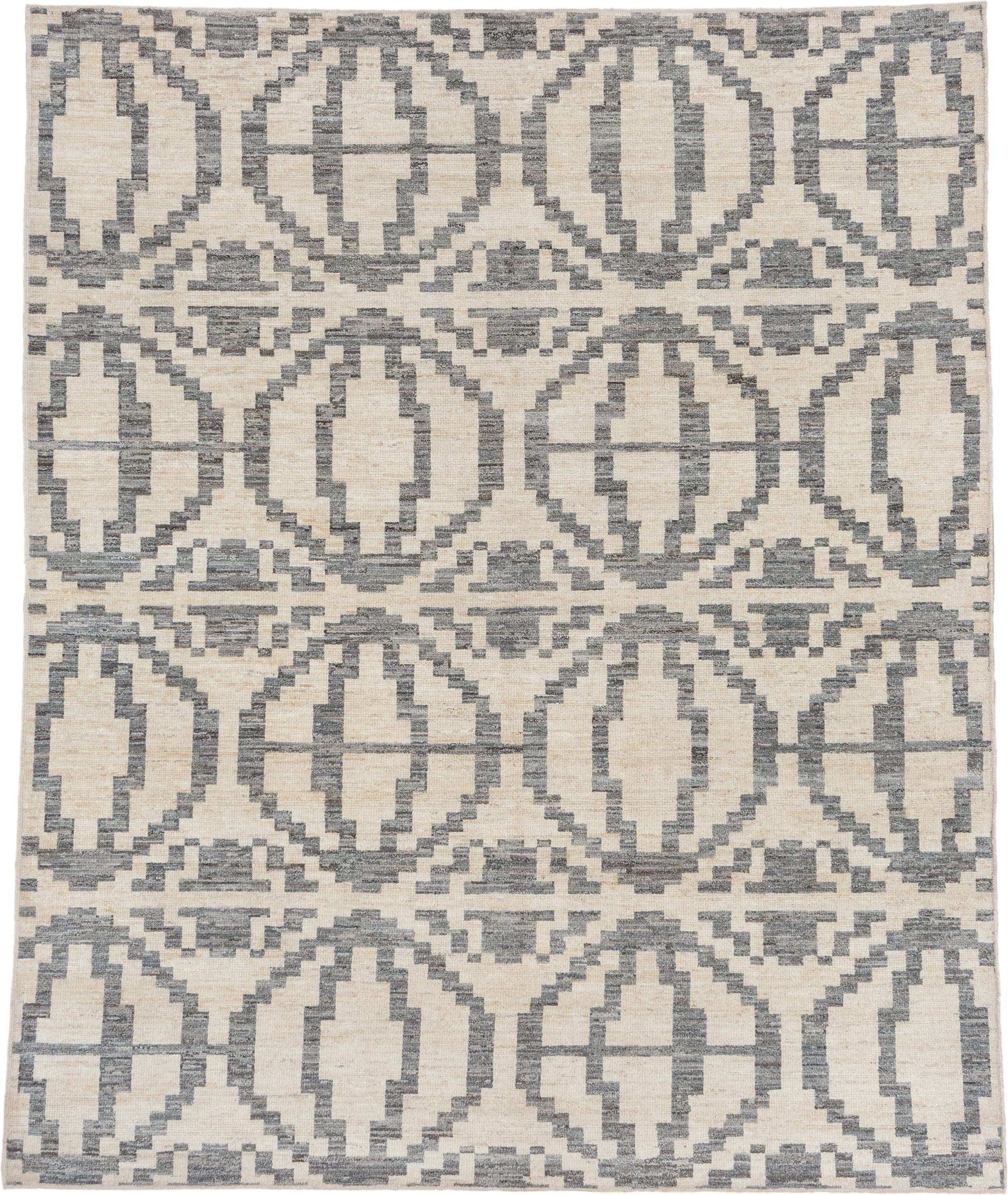 8' x 9' one-of-a-kind handmade vintage Afghan rug. Color palette: ivory, gray, cream, taupe, beige