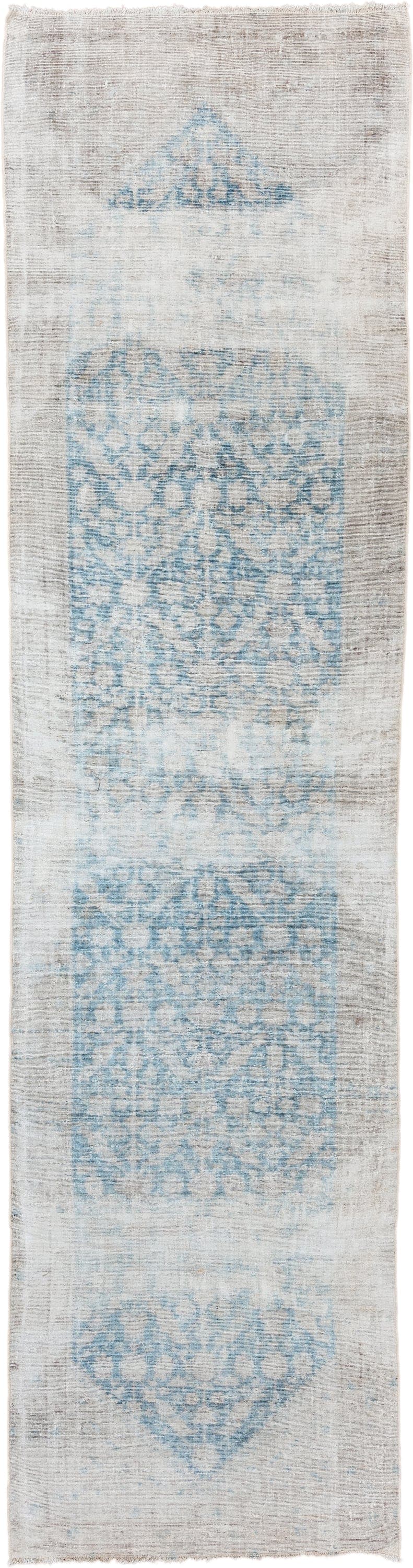 3' x 12' one-of-a-kind handmade antique Malayer runner rug. Color palette: ivory, sky blue, taupe, cream, pale gray