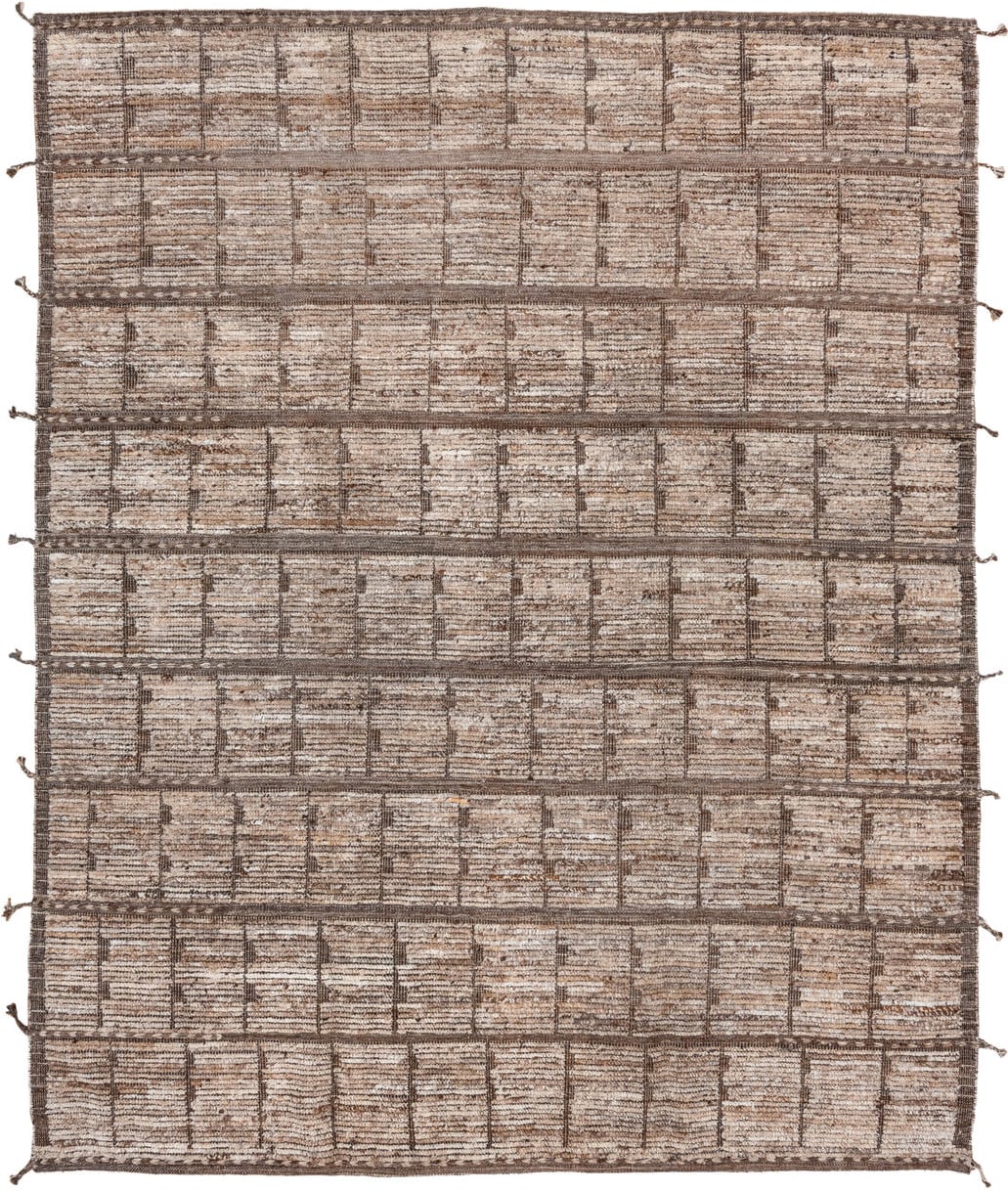 8' x 10' one-of-a-kind handmade vintage Tulu large size rug. Color palette: ivory, taupe, brown, camel, cream, beige, gray
