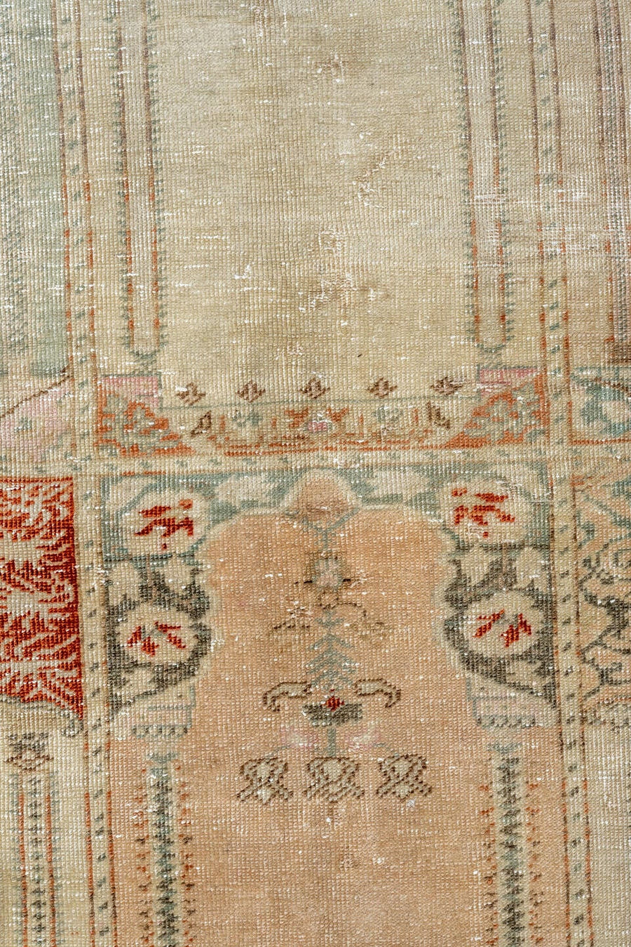 6' x 9' one-of-a-kind handmade antique Kaisary medium size rug. Color palette: ivory, cream, taupe, sage, blush, rust
