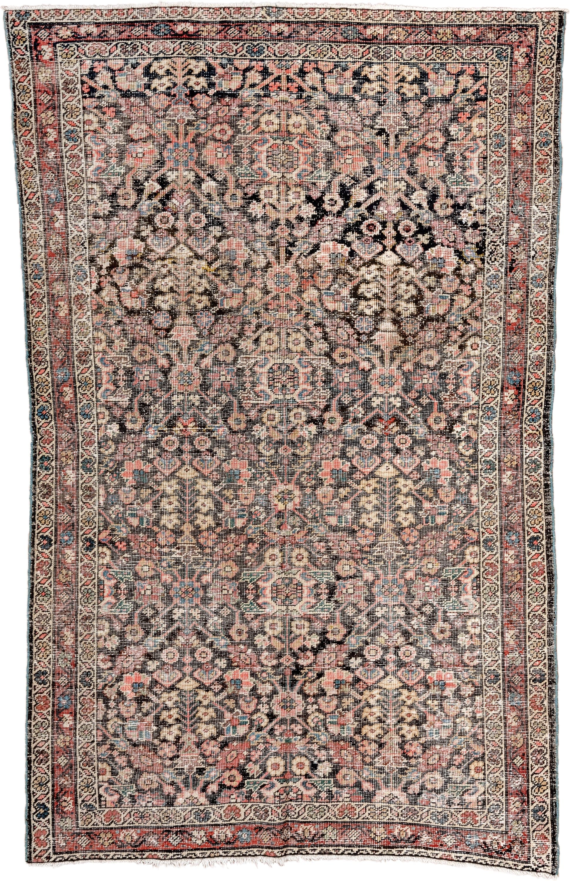 4' x 6' one-of-a-kind handmade antique Farahan small size rug. Color palette: ivory, charcoal, rose, coral, slate, sky blue