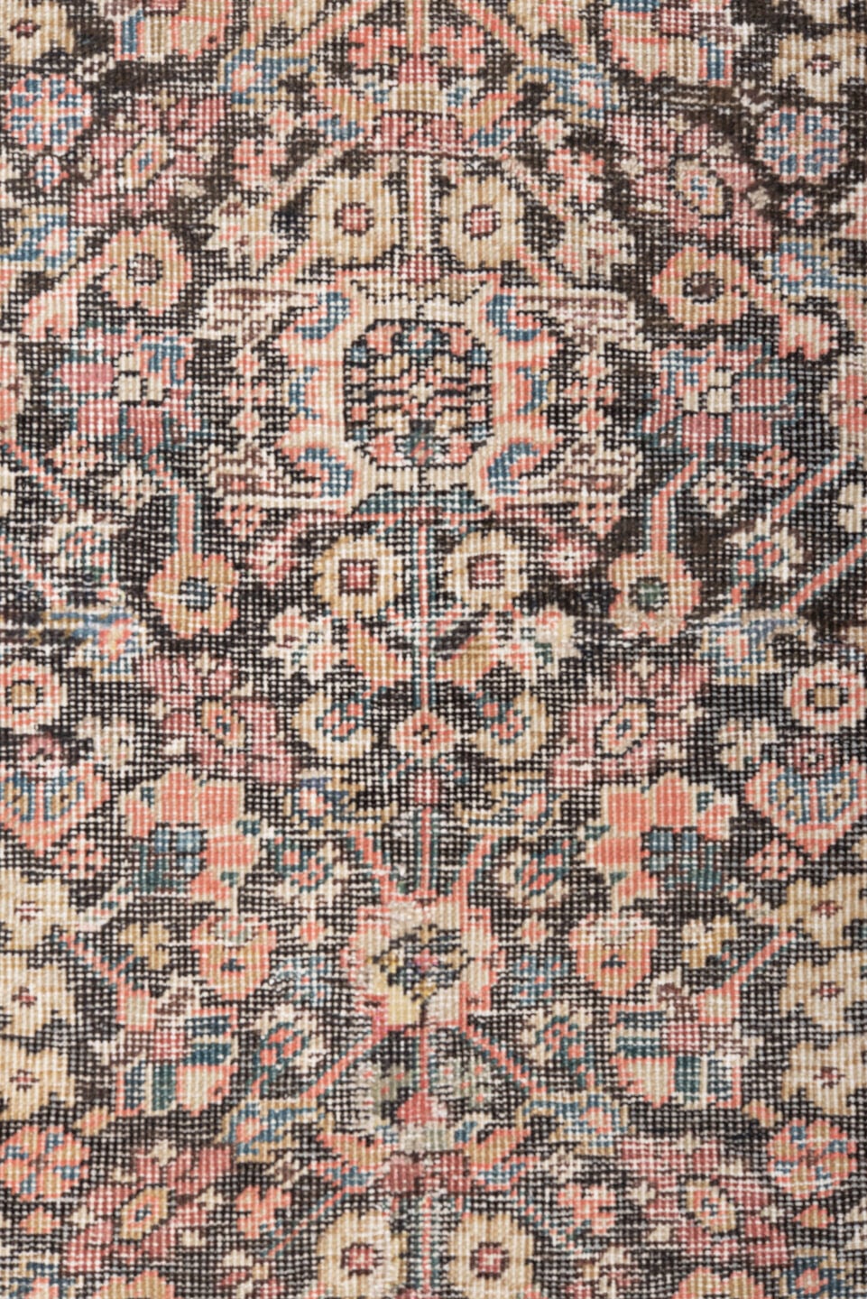 4' x 6' one-of-a-kind handmade antique Farahan small size rug. Color palette: ivory, charcoal, rose, coral, slate, sky blue