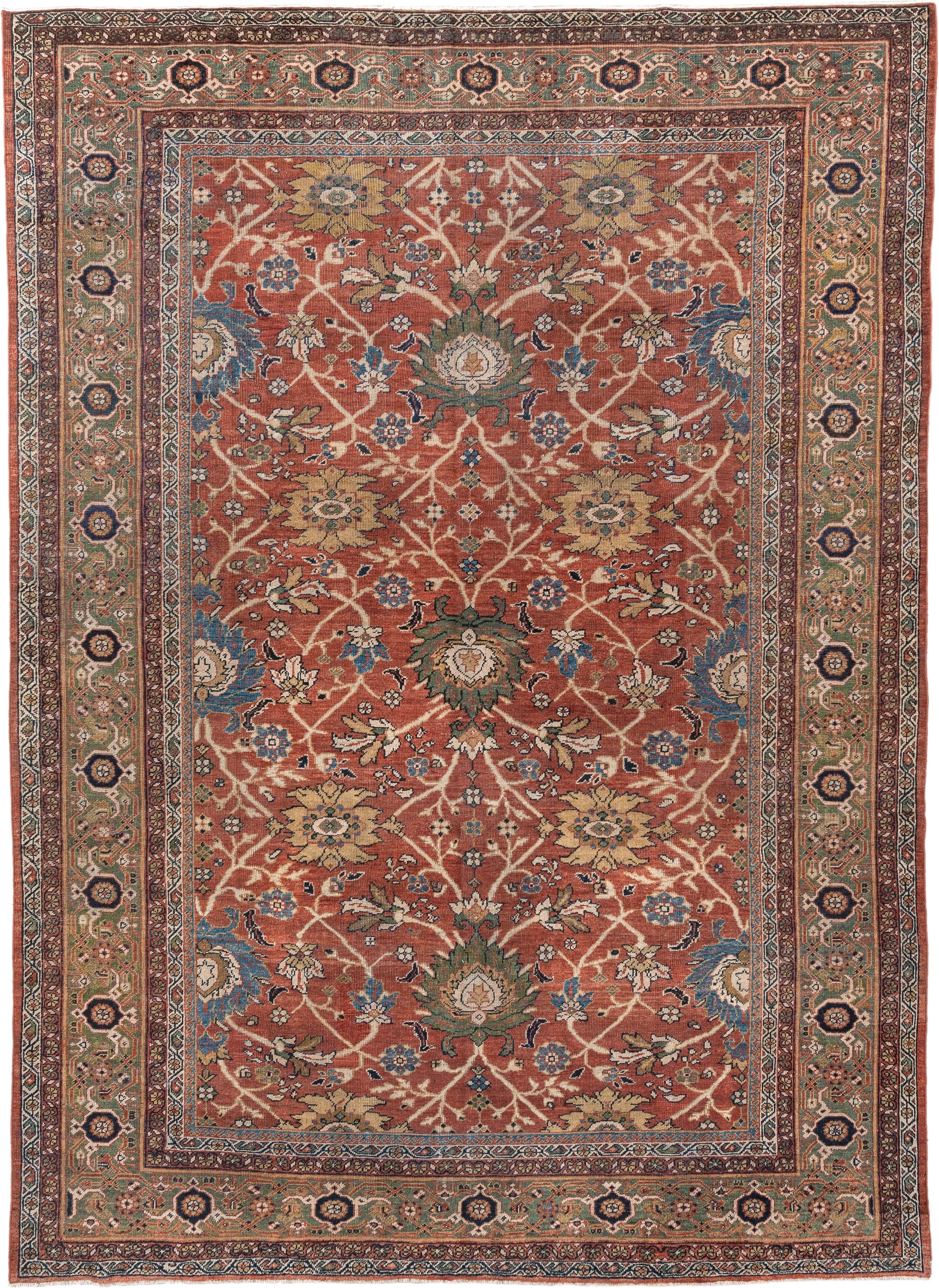 8' x 12' one-of-a-kind handmade vintage Sultanabad large size rug. Color palette: terracotta, sage, ivory, gold, navy