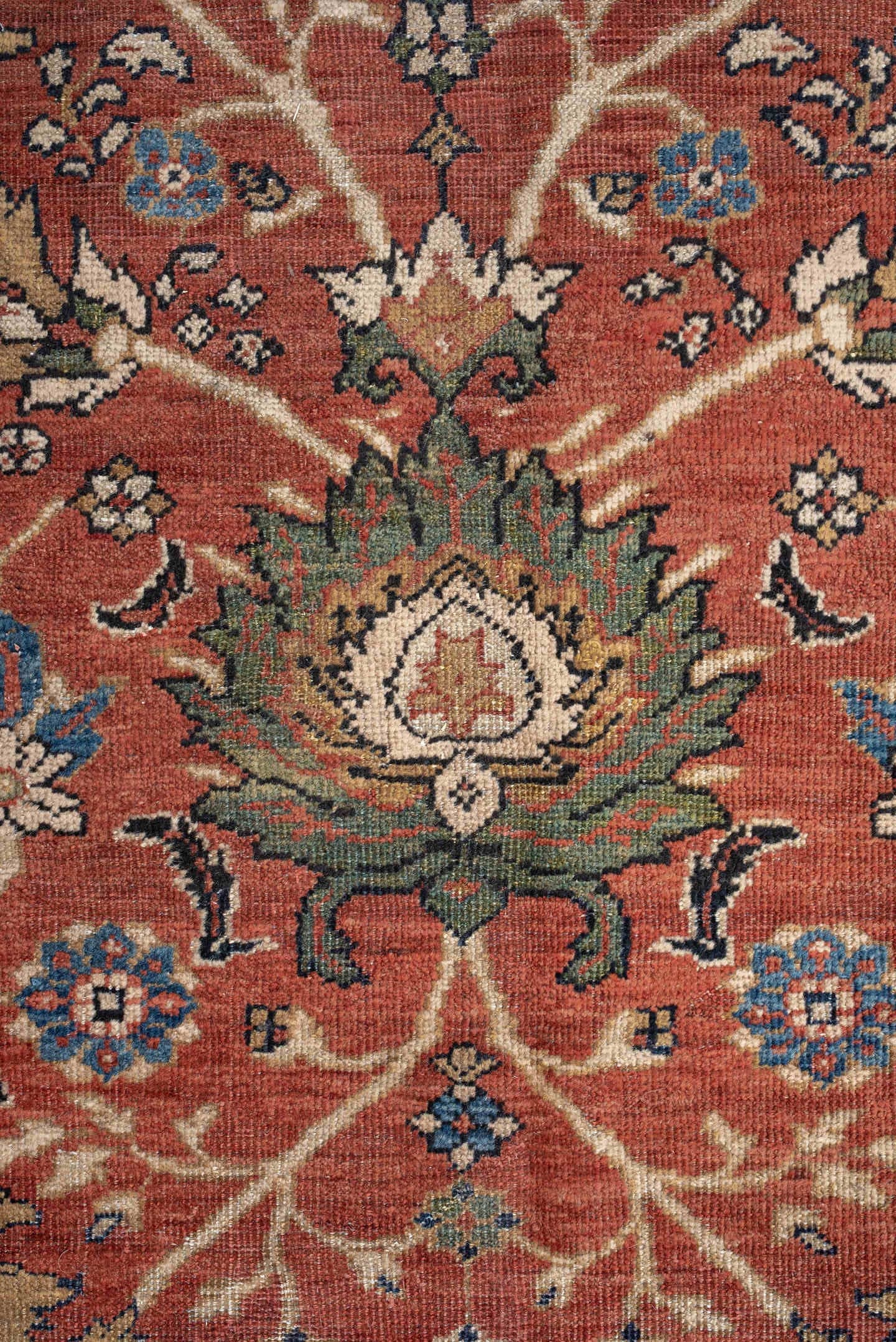 8' x 12' one-of-a-kind handmade vintage Sultanabad large size rug. Color palette: terracotta, sage, ivory, gold, navy
