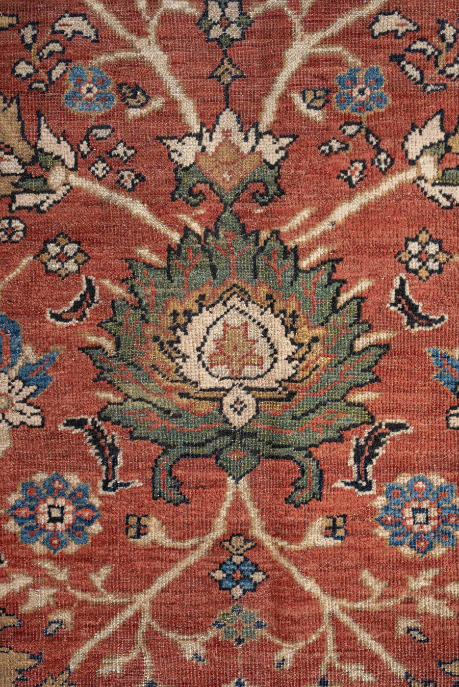 8' x 12' one-of-a-kind handmade vintage Sultanabad large size rug. Color palette: terracotta, sage, ivory, gold, navy