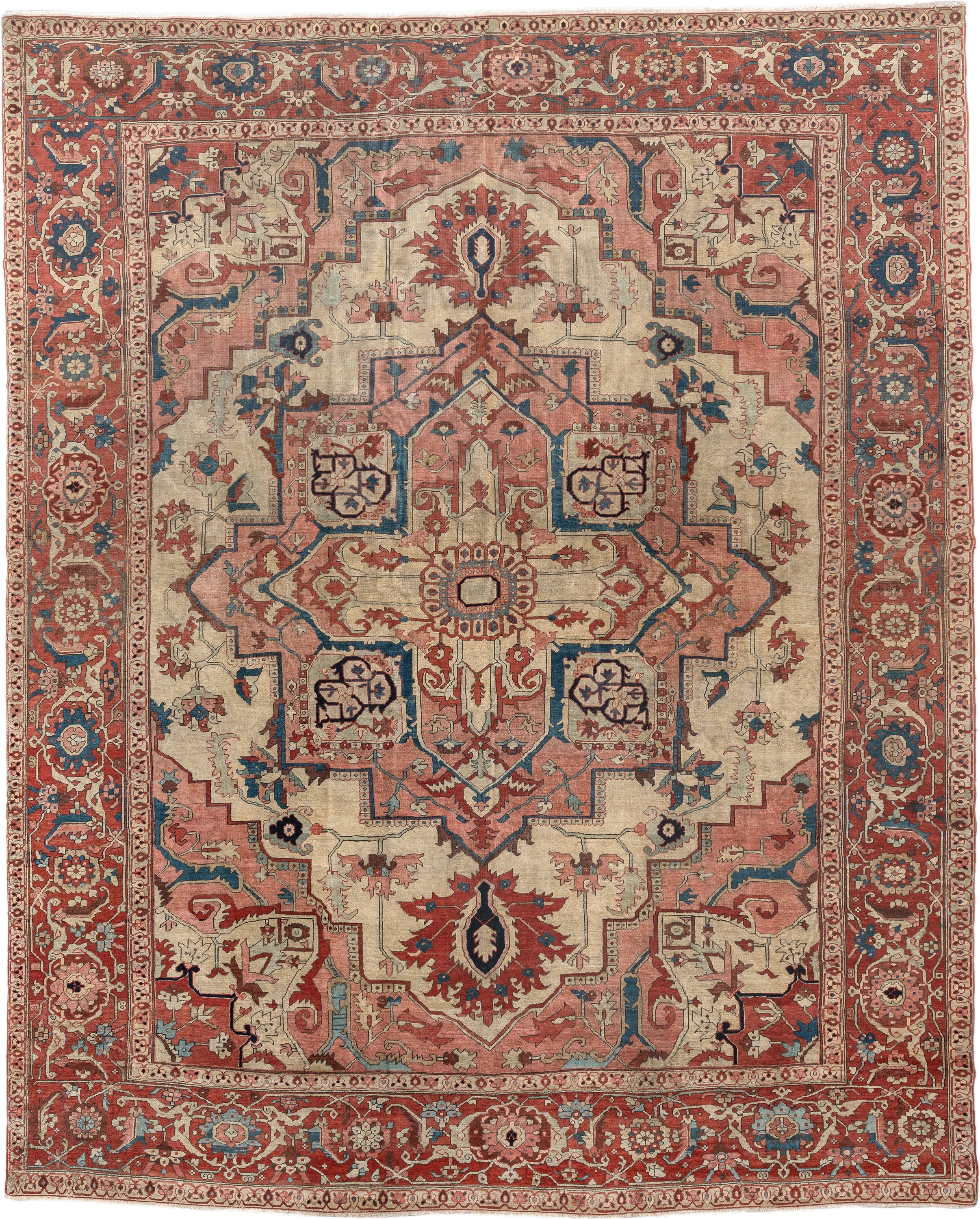 9' x 12' one-of-a-kind handmade vintage Serapi large size rug. Color palette: ivory, terracotta, rose, deep blue, rust