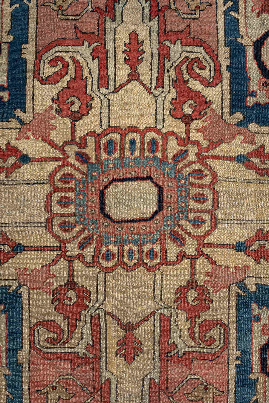9' x 12' one-of-a-kind handmade vintage Serapi large size rug. Color palette: ivory, terracotta, rose, deep blue, rust