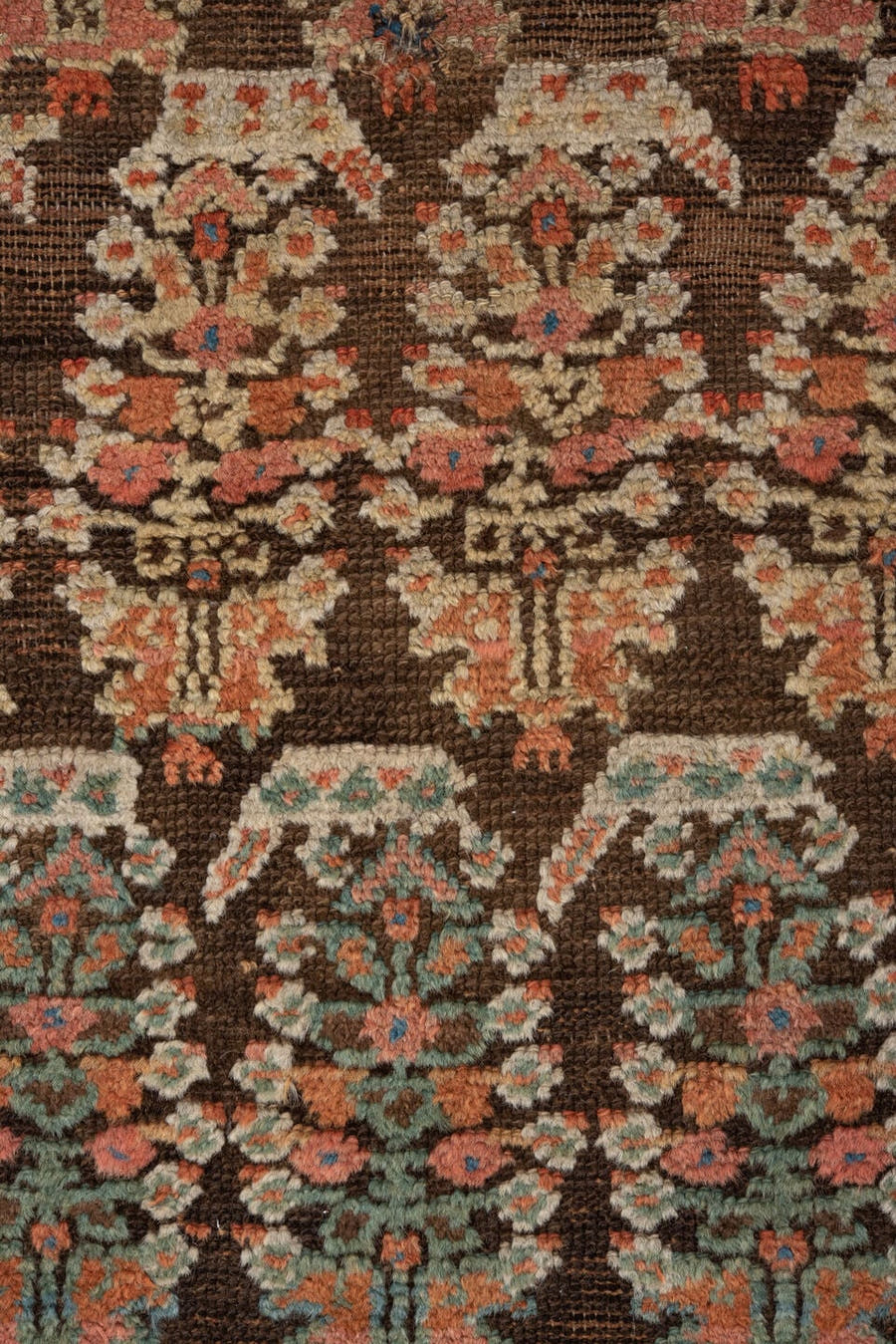 4' x 8' one-of-a-kind handmade vintage Kurd runner rug. Color palette: brown, coral, turquoise, ivory, rust, teal, camel