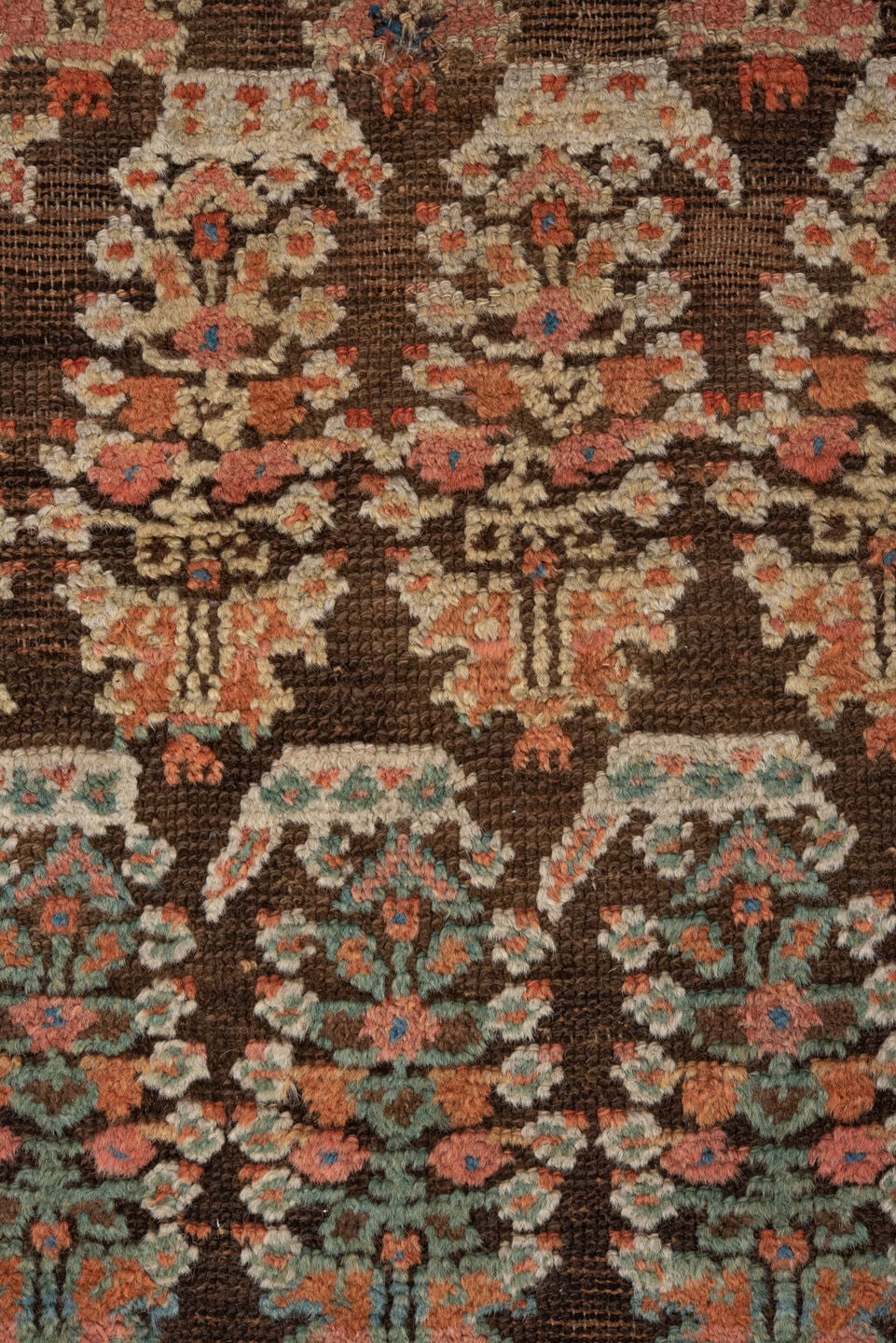 4' x 8' one-of-a-kind handmade vintage Kurd runner rug. Color palette: brown, coral, turquoise, ivory, rust, teal, camel