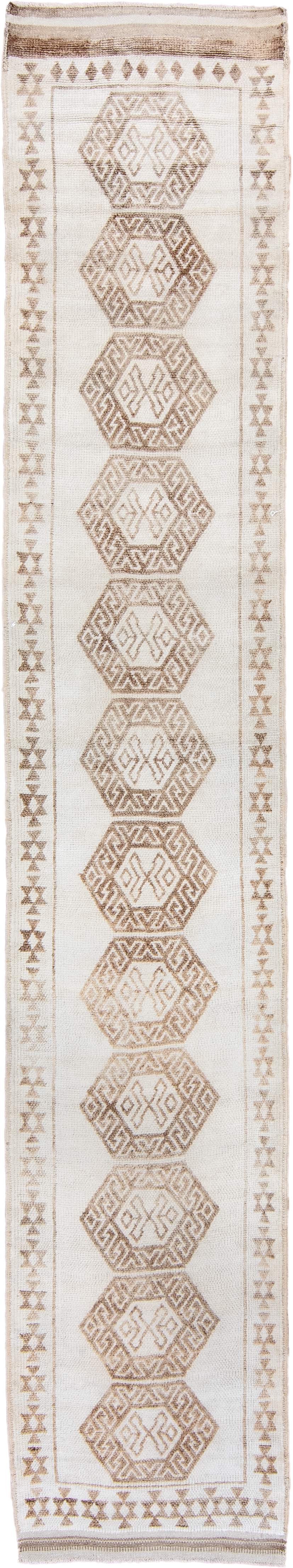 2' x 15' one-of-a-kind handmade vintage Kars runner rug. Color palette: ivory, taupe, beige, camel, sand, gray