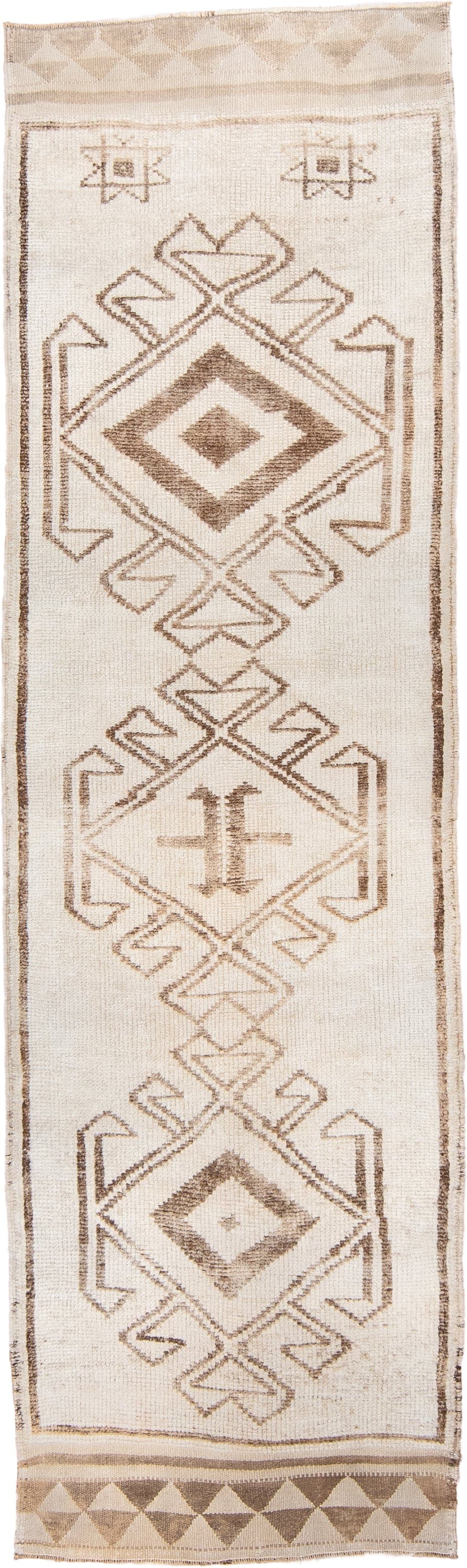 3' x 9' one-of-a-kind handmade vintage Kars runner rug. Color palette: ivory, taupe, camel, beige, gray