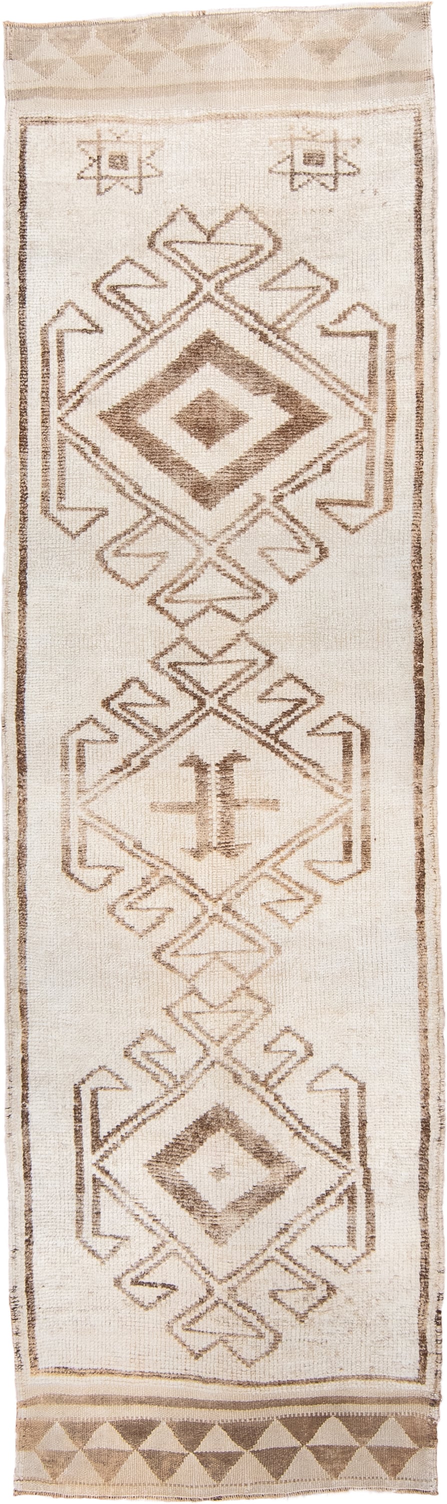 3' x 9' one-of-a-kind handmade vintage Kars runner rug. Color palette: ivory, taupe, camel, beige, gray