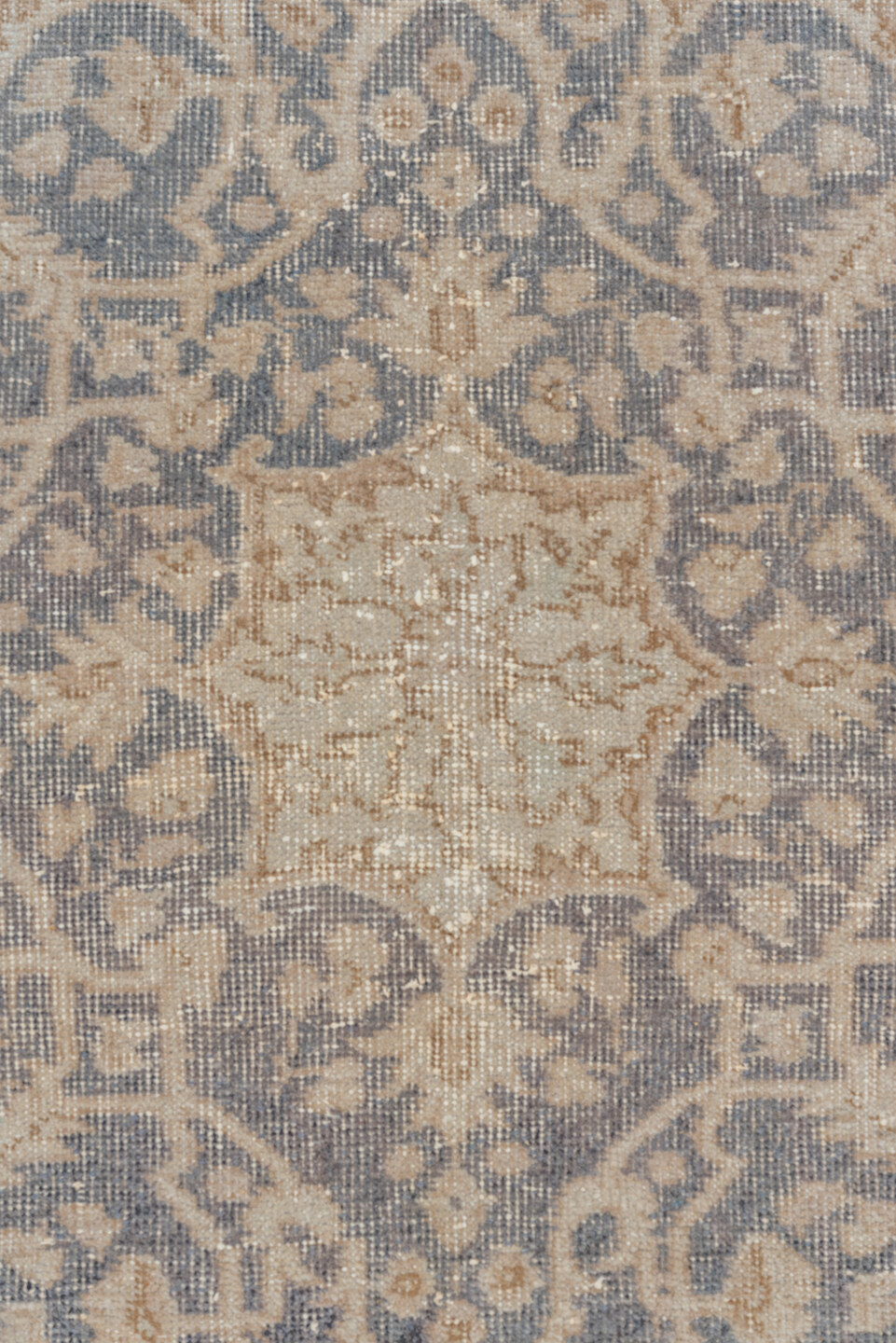 6' x 10' one-of-a-kind handmade vintage Oushak large size rug. Color palette: ivory, beige, faded blue, tan, taupe, blue
