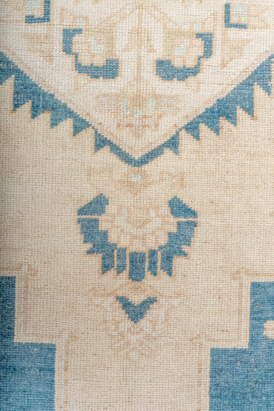 6' x 10' one-of-a-kind handmade vintage Oushak large size rug. Color palette: ivory, sky blue, beige, cream, taupe