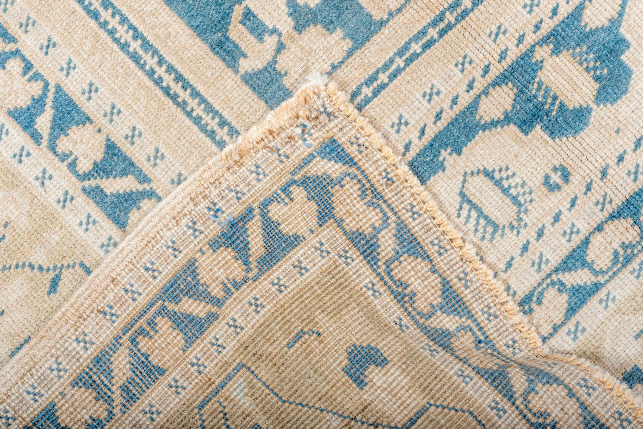 6' x 10' one-of-a-kind handmade vintage Oushak large size rug. Color palette: ivory, sky blue, beige, cream, taupe