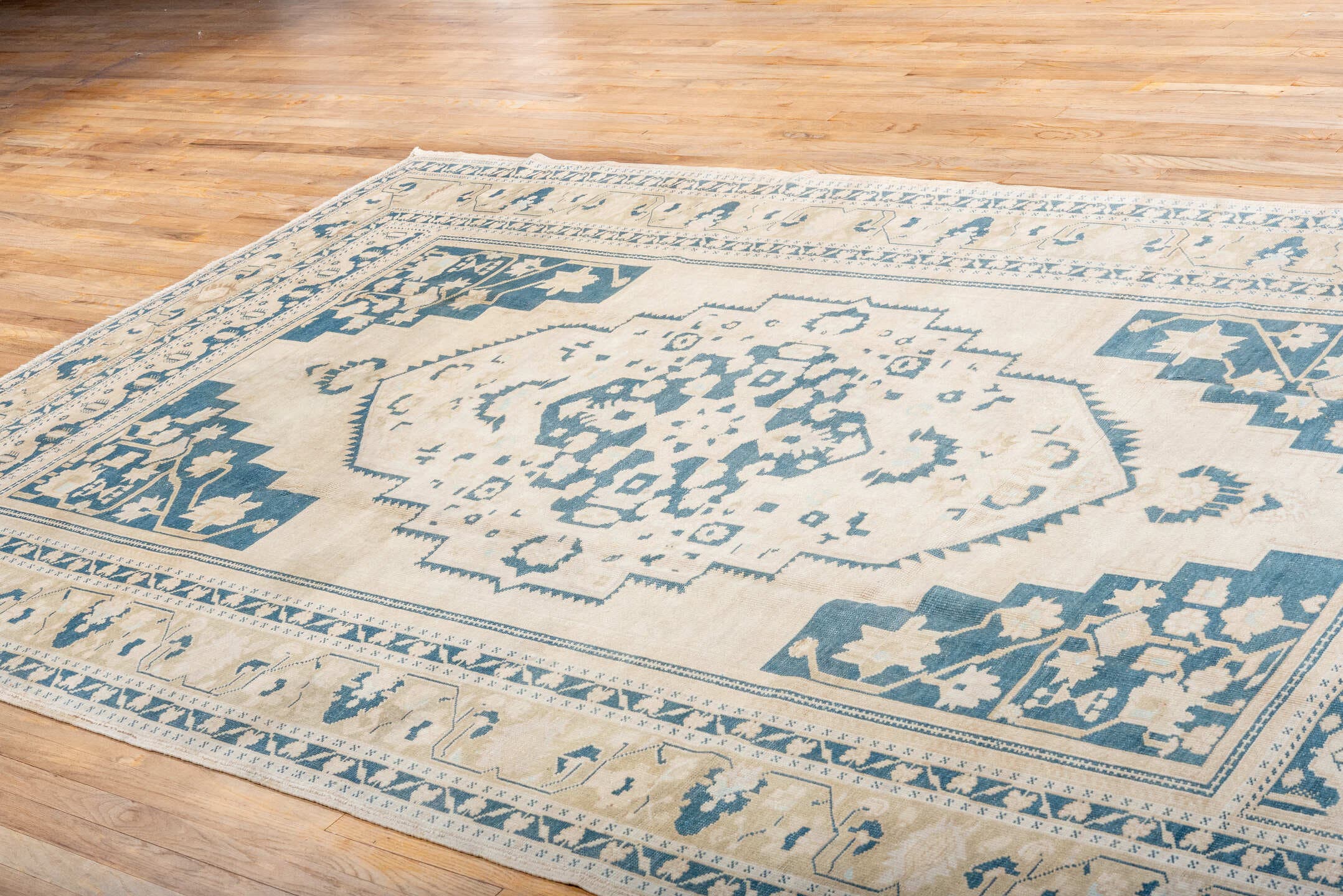 6' x 10' one-of-a-kind handmade vintage Oushak large size rug. Color palette: ivory, sky blue, beige, cream, taupe