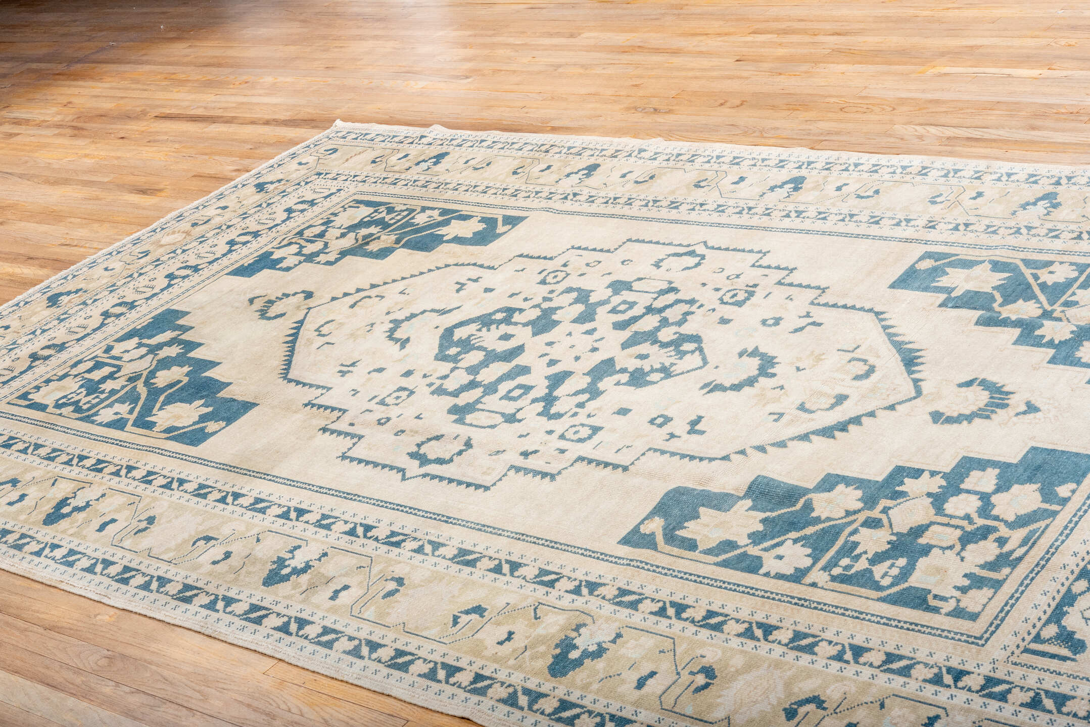 6' x 10' one-of-a-kind handmade vintage Oushak large size rug. Color palette: ivory, sky blue, beige, cream, taupe