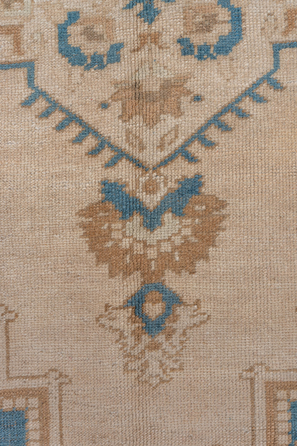 6' x 9' one-of-a-kind handmade vintage Oushak medium size rug. Color palette: ivory, beige, sky blue, taupe, camel