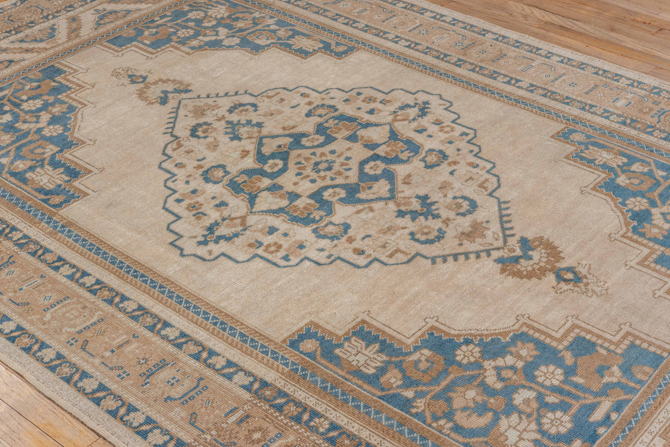 6' x 9' one-of-a-kind handmade vintage Oushak medium size rug. Color palette: ivory, beige, sky blue, taupe, camel