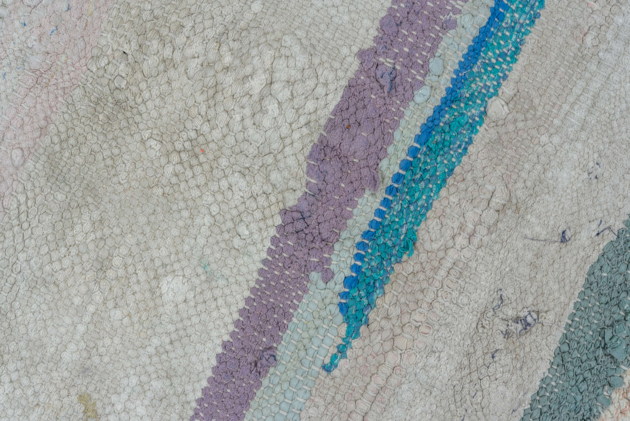 6' x 8' one-of-a-kind handmade antique Rag Rug medium size rug. Color palette: ivory, light blue, taupe, charcoal, saffron