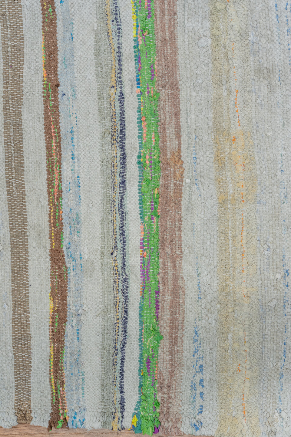 6' x 8' one-of-a-kind handmade antique Rag Rug medium size rug. Color palette: ivory, light blue, taupe, charcoal, saffron