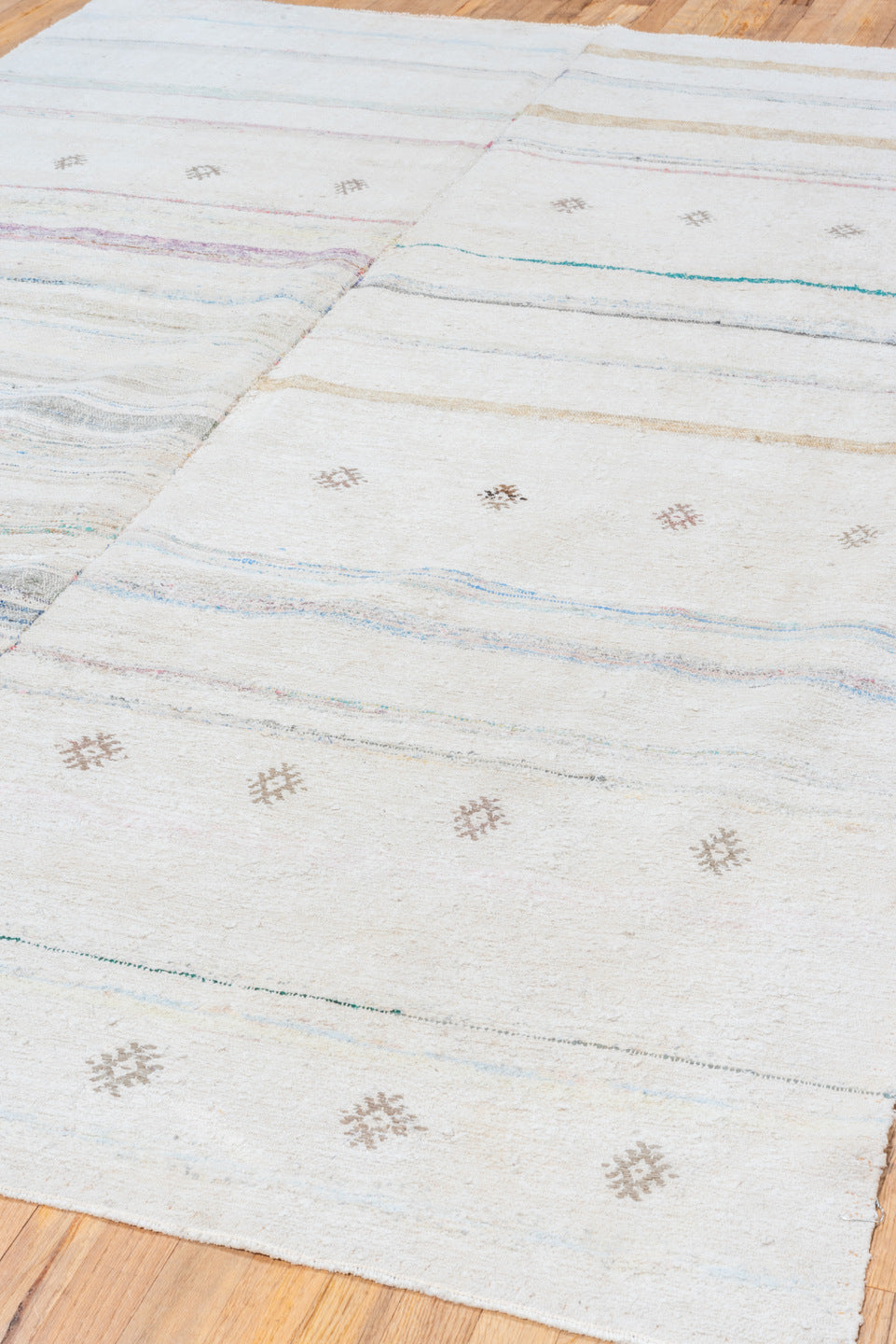 6' x 9' one-of-a-kind handmade antique Rag Rug medium size rug. Color palette: ivory, taupe, blue, gray, blush, charcoal