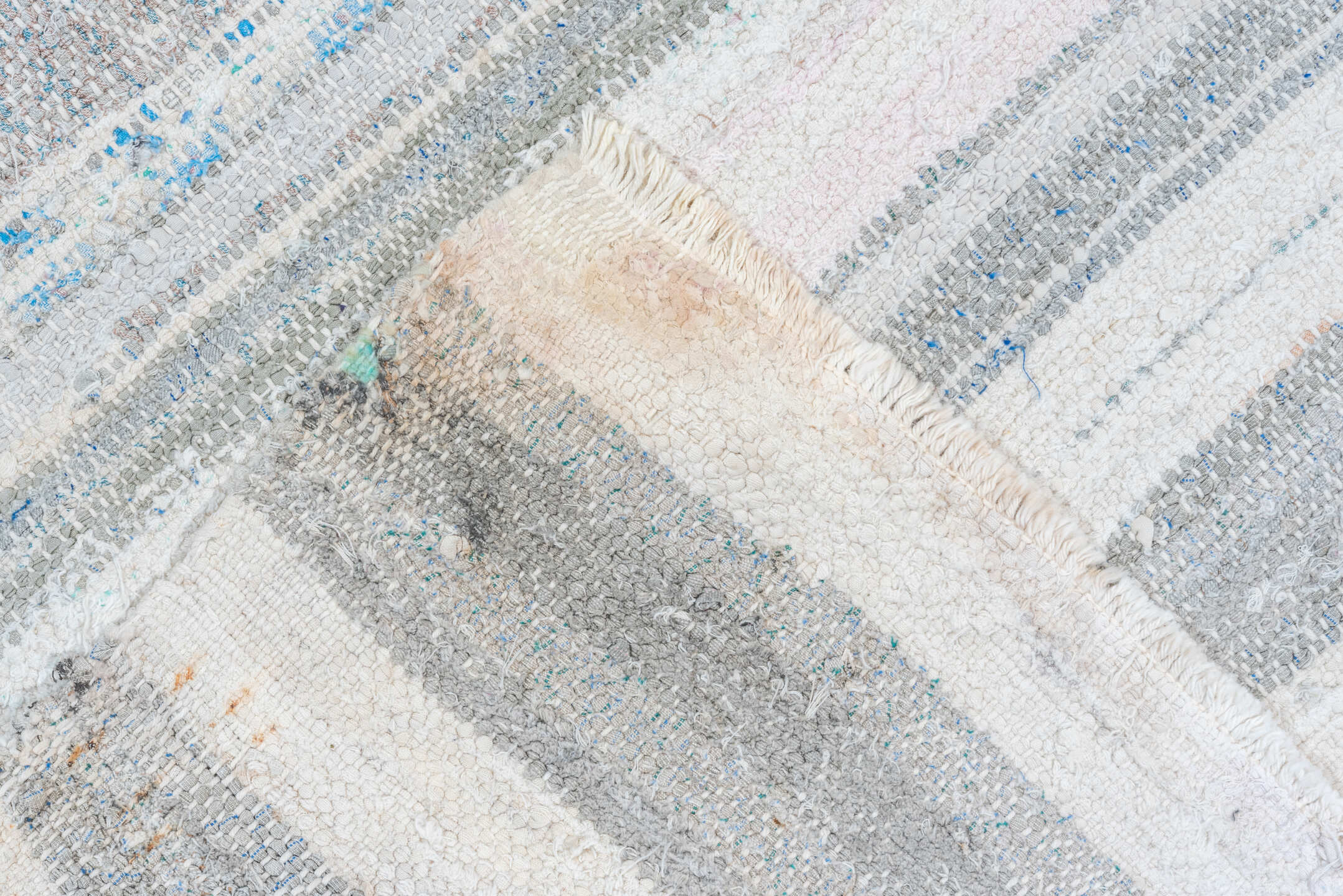 6' x 9' one-of-a-kind handmade antique Rag Rug medium size rug. Color palette: ivory, taupe, blue, gray, blush, charcoal