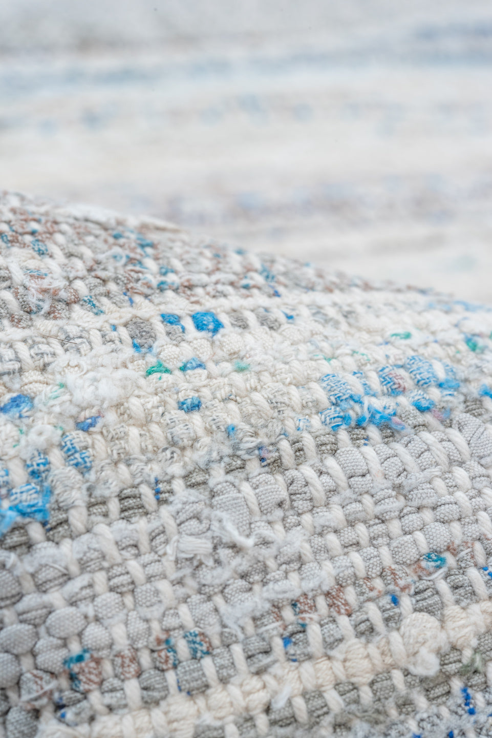 6' x 9' one-of-a-kind handmade vintage Rag Rug medium size rug. Color palette: blue, dark gray, gainsboro, gray, light gray