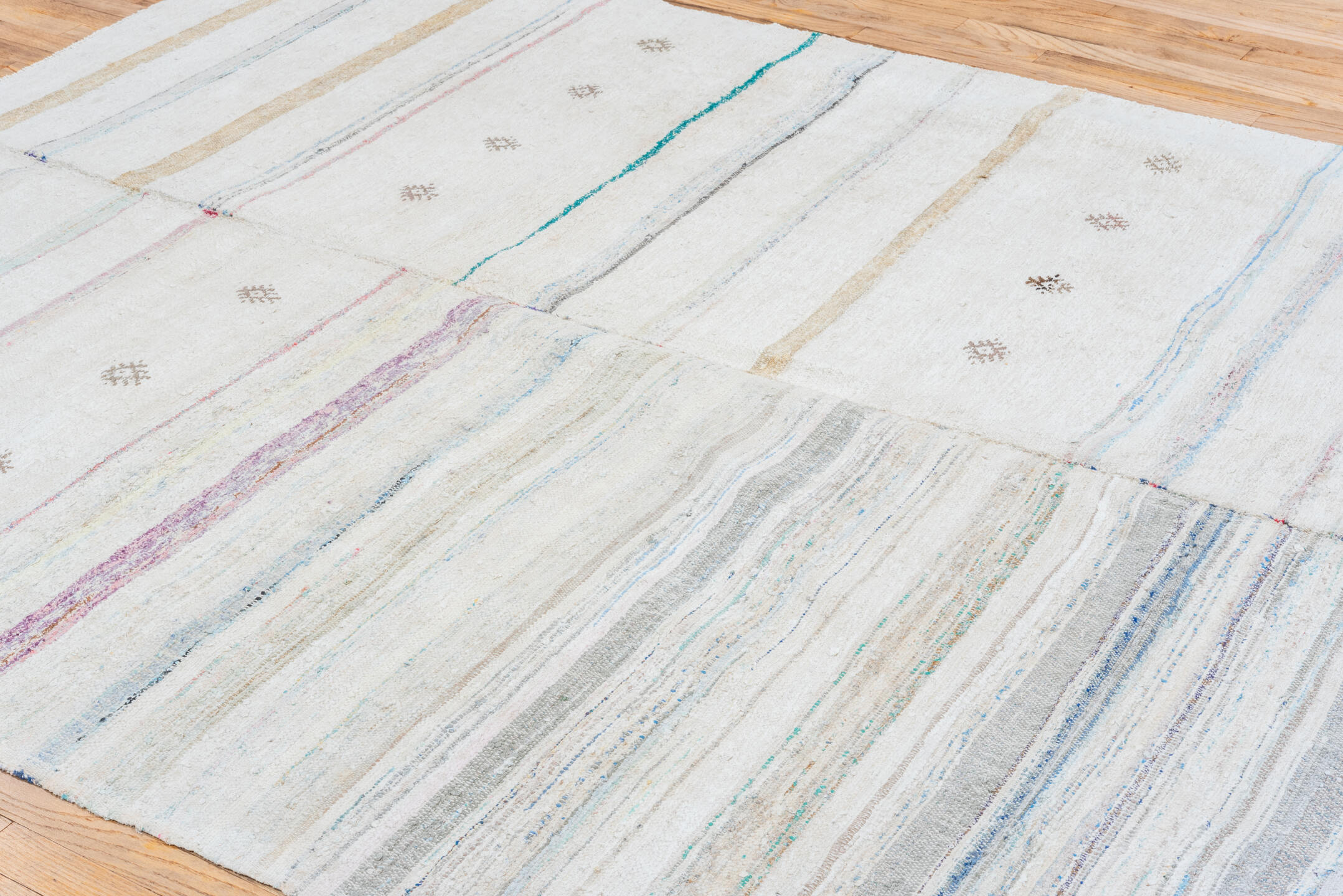 6' x 9' one-of-a-kind handmade antique Rag Rug medium size rug. Color palette: ivory, taupe, blue, gray, blush, charcoal