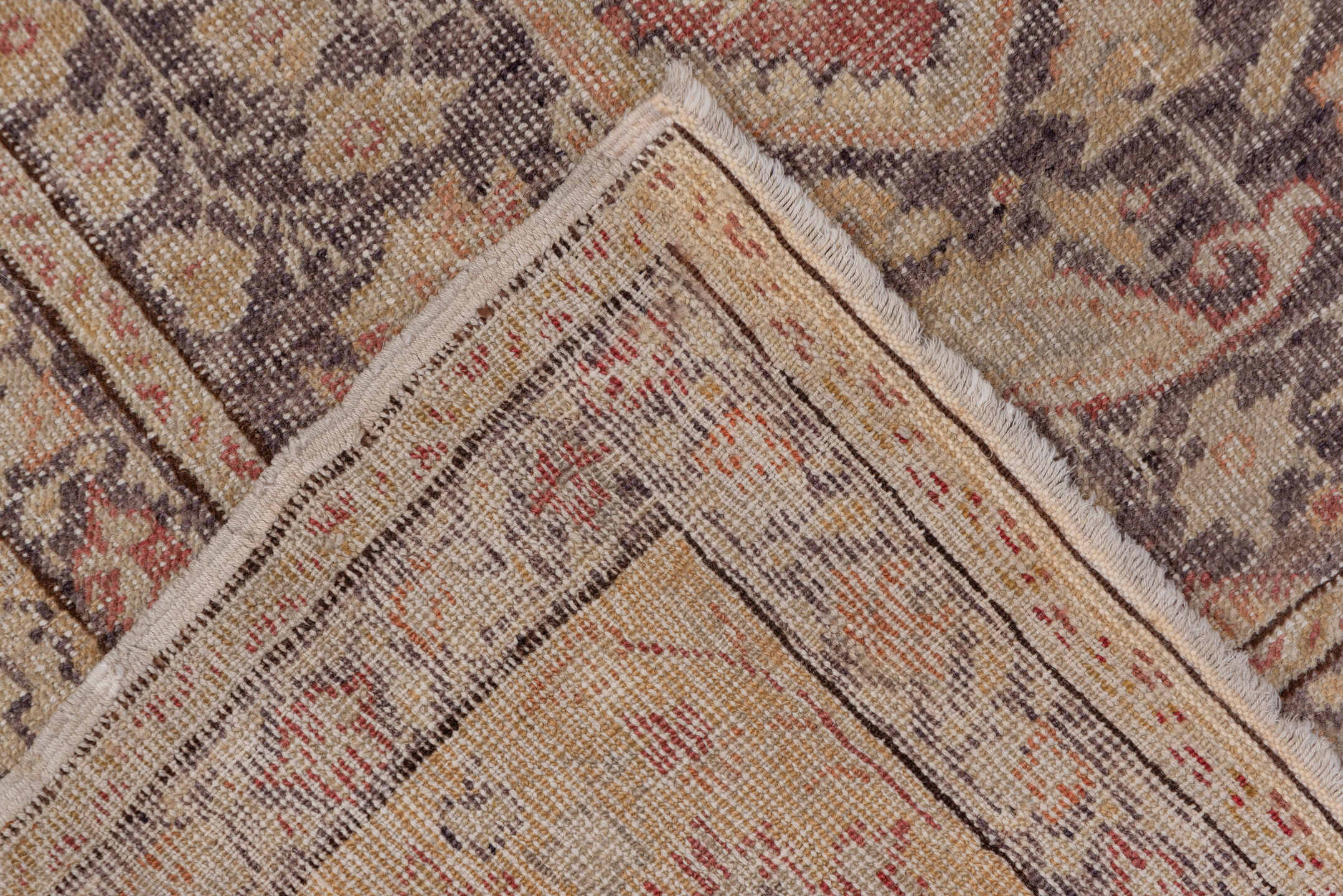 5' x 7' one-of-a-kind handmade vintage Oushak rug. Color palette: brown, gray, light gray, off-white, orange, pink, red