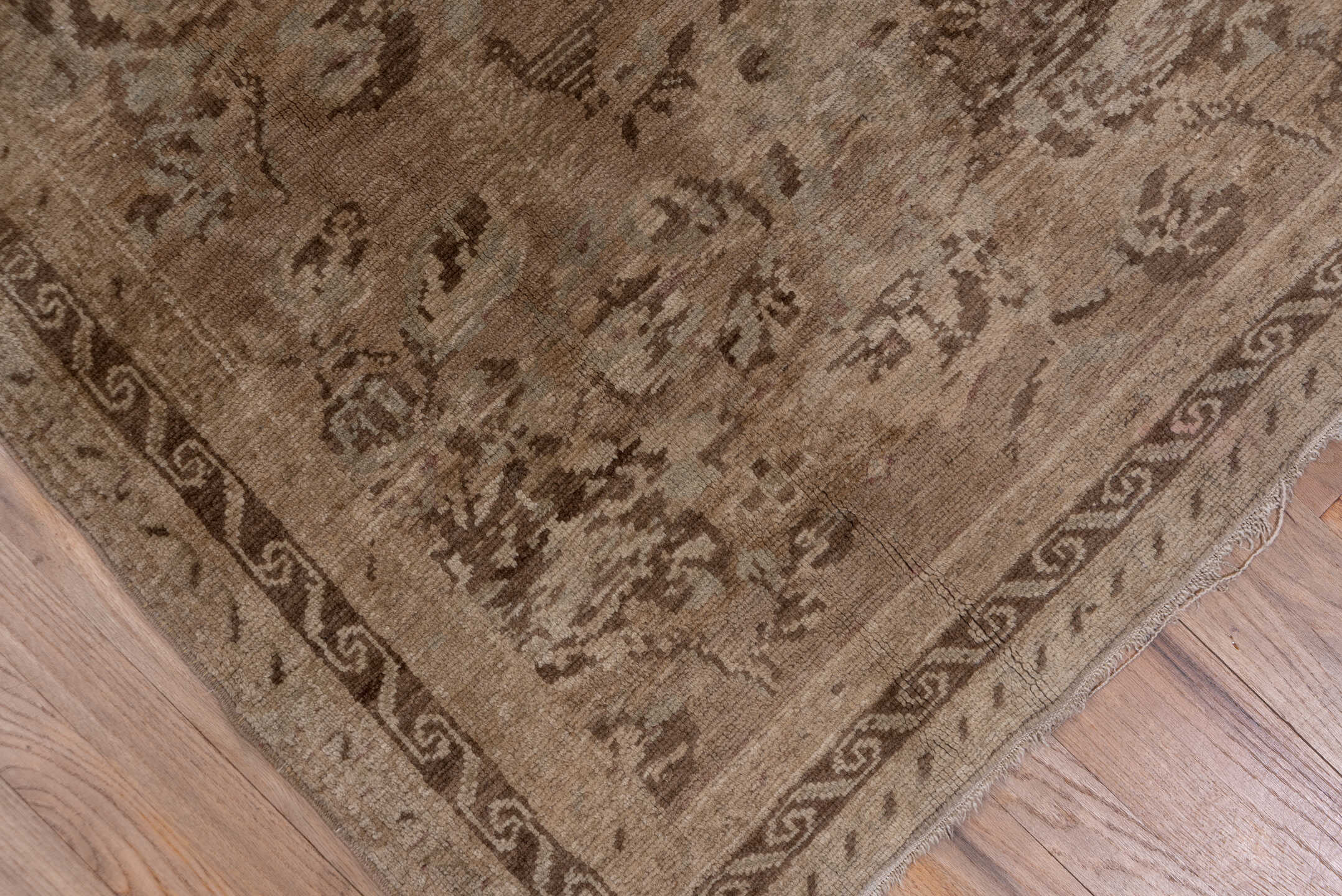 9' x 12' one-of-a-kind handmade vintage Agra large size rug. Color palette: taupe, brown, rose, dusty pink, beige, sage