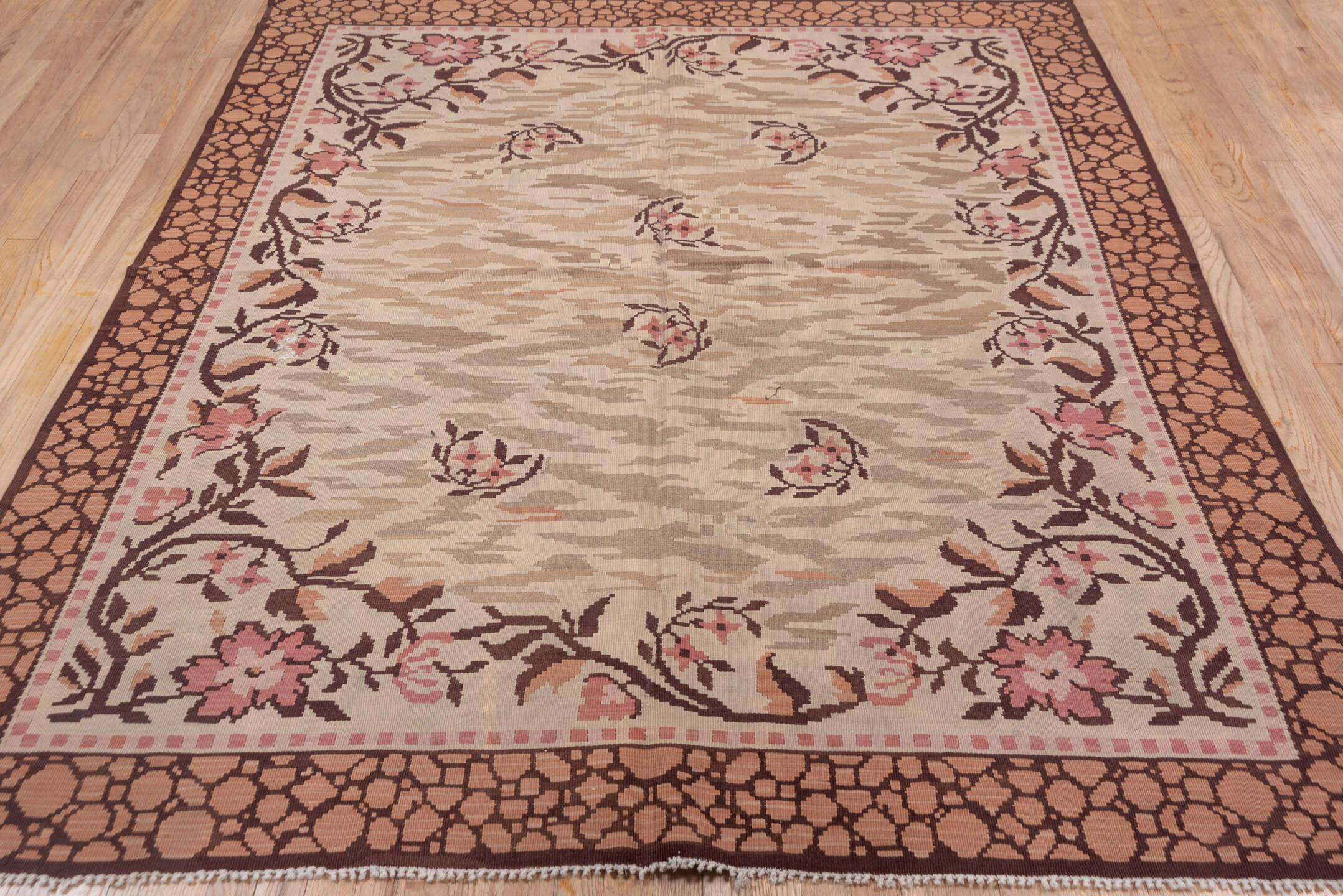 6' x 7' one-of-a-kind handmade vintage Kilim rug. Color palette: brown, gray, light gray, pink, redwood