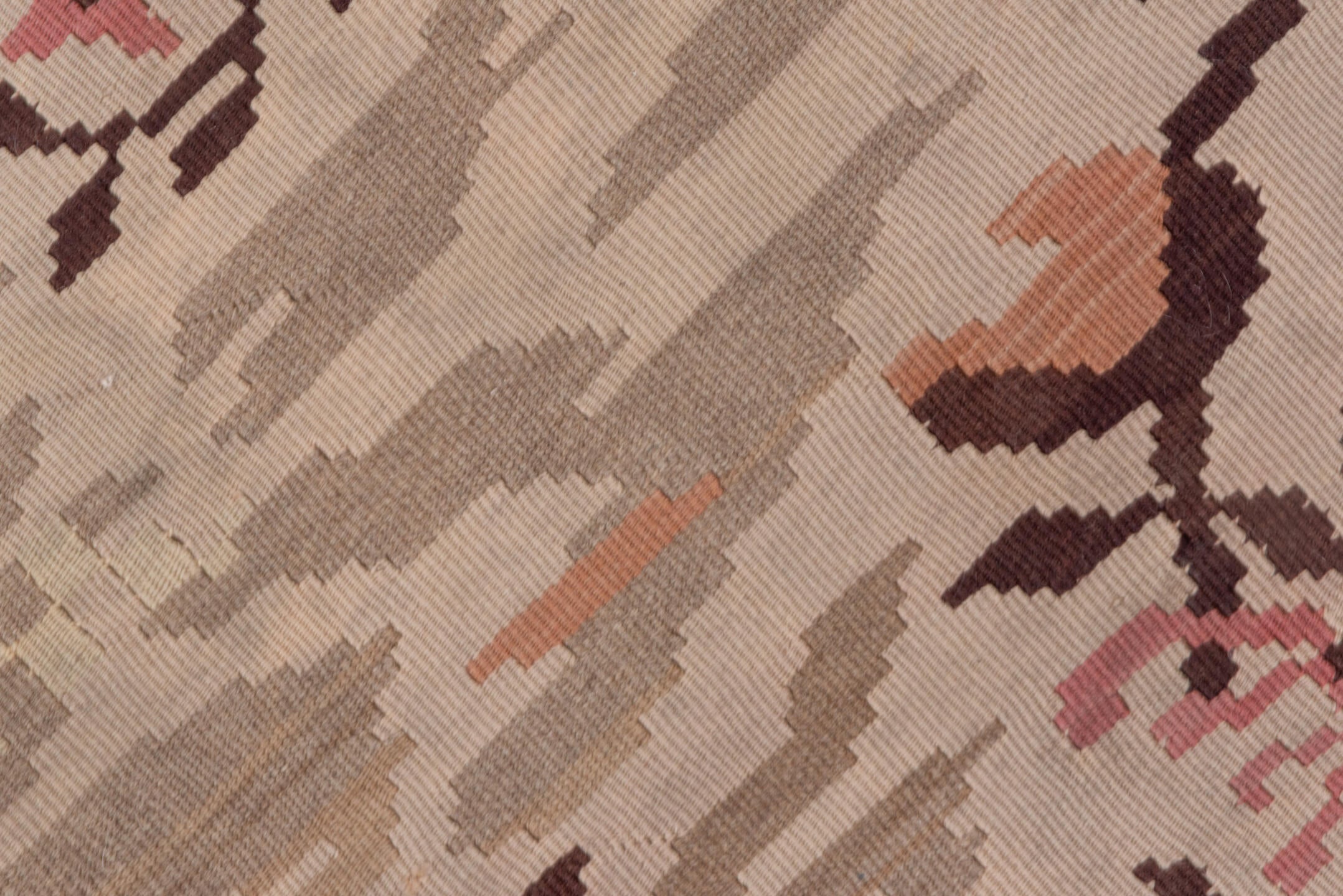 6' x 7' one-of-a-kind handmade vintage Kilim rug. Color palette: brown, gray, light gray, pink, redwood