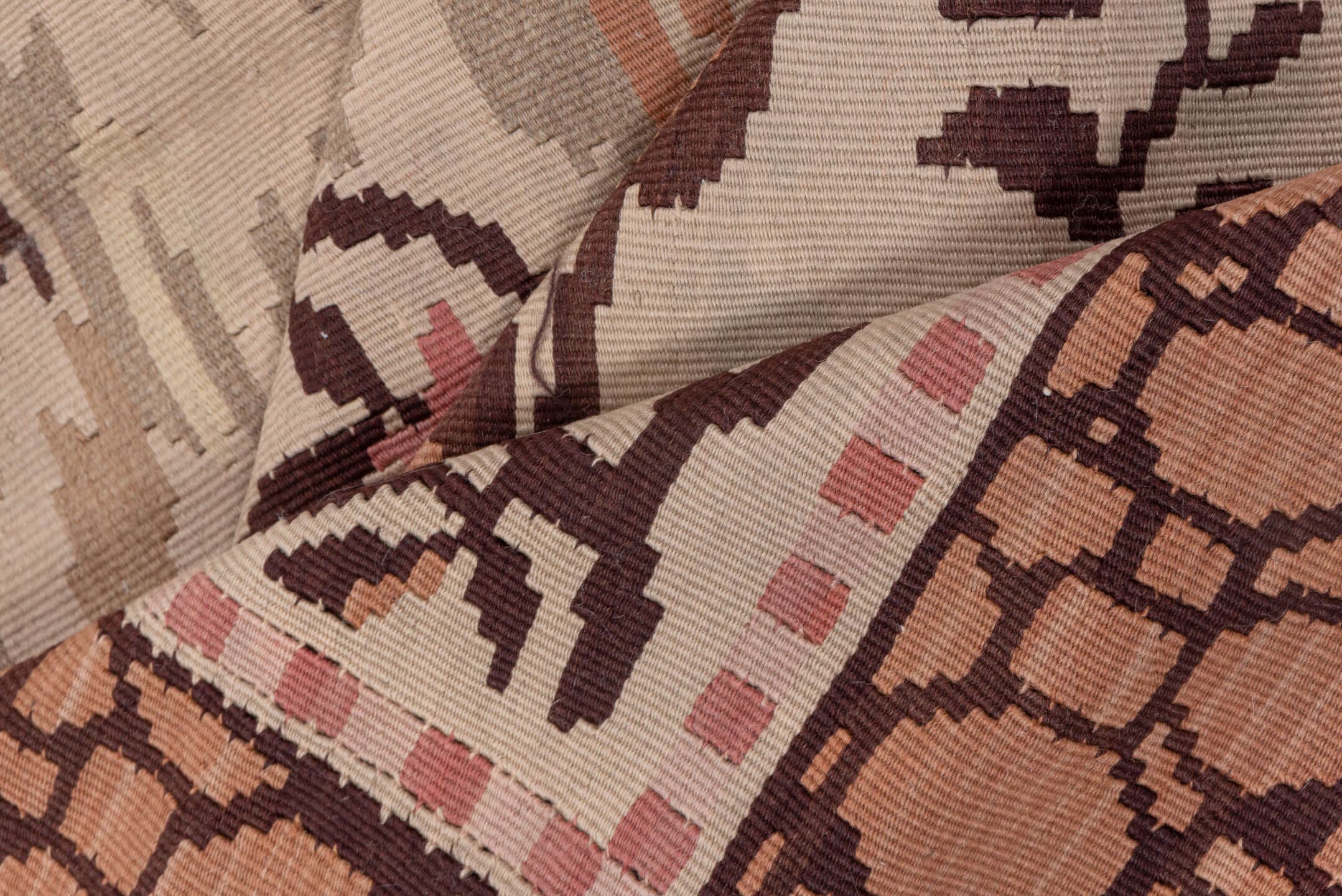 6' x 7' one-of-a-kind handmade antique Kilim rug. Color palette: ivory, taupe, rose, brown, blush, camel, beige, gray, pink