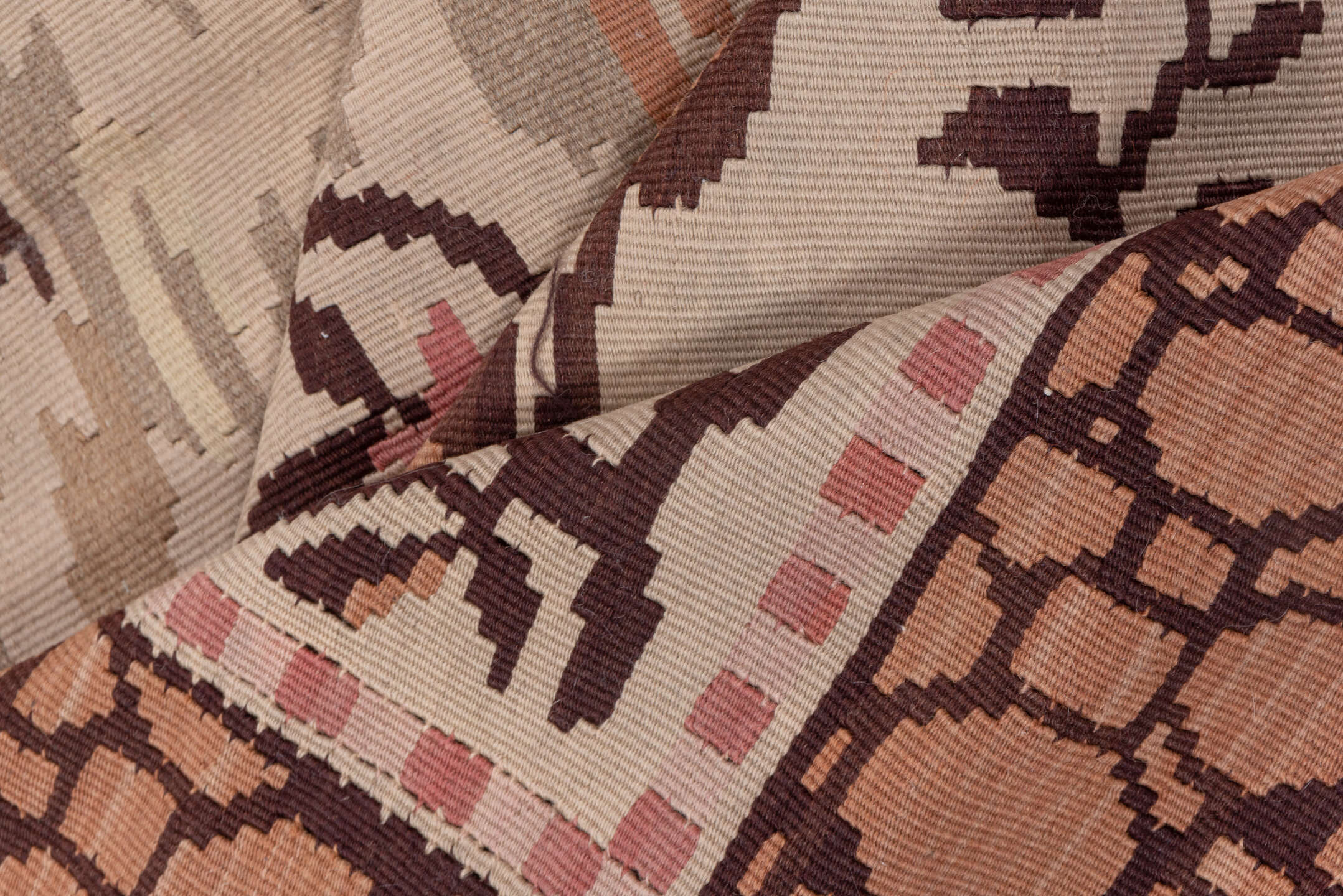 6' x 7' one-of-a-kind handmade vintage Kilim rug. Color palette: brown, pink, gray, light gray, redwood