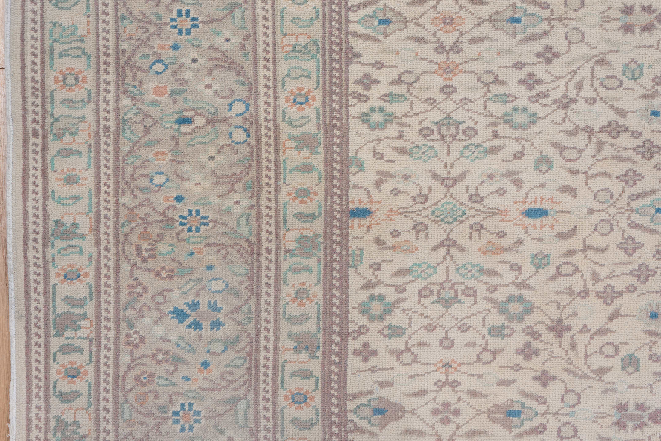 6' x 9' one-of-a-kind handmade vintage Sivas medium size rug. Color palette: ivory, taupe, pale blue, sage, beige, soft pink