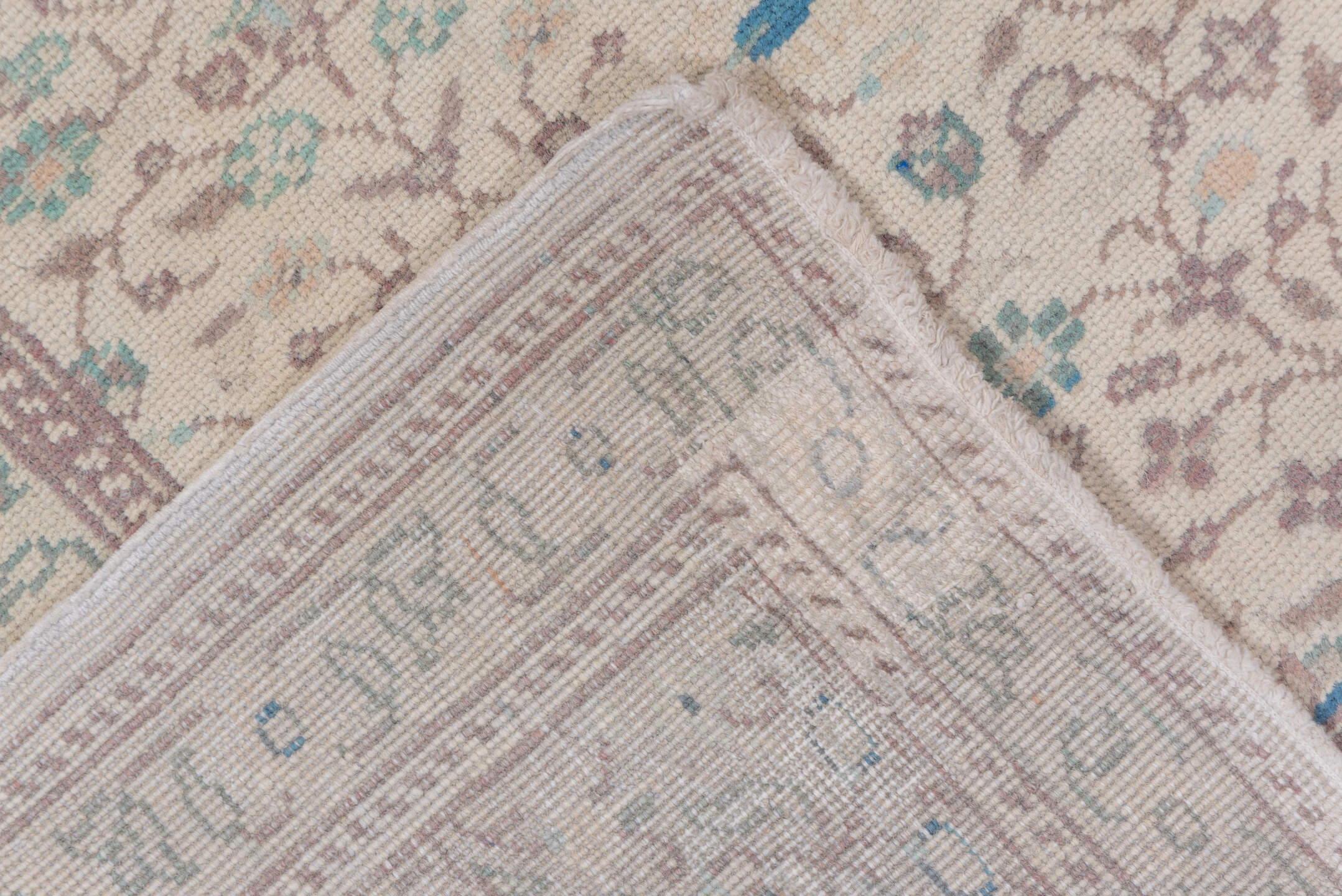 6' x 9' one-of-a-kind handmade vintage Sivas medium size rug. Color palette: ivory, taupe, pale blue, sage, beige, soft pink