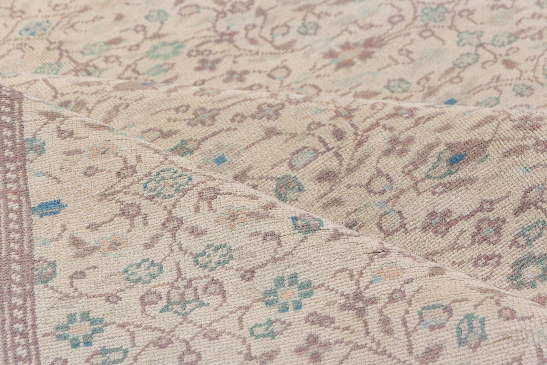6' x 9' one-of-a-kind handmade vintage Sivas medium size rug. Color palette: ivory, taupe, pale blue, sage, beige, soft pink
