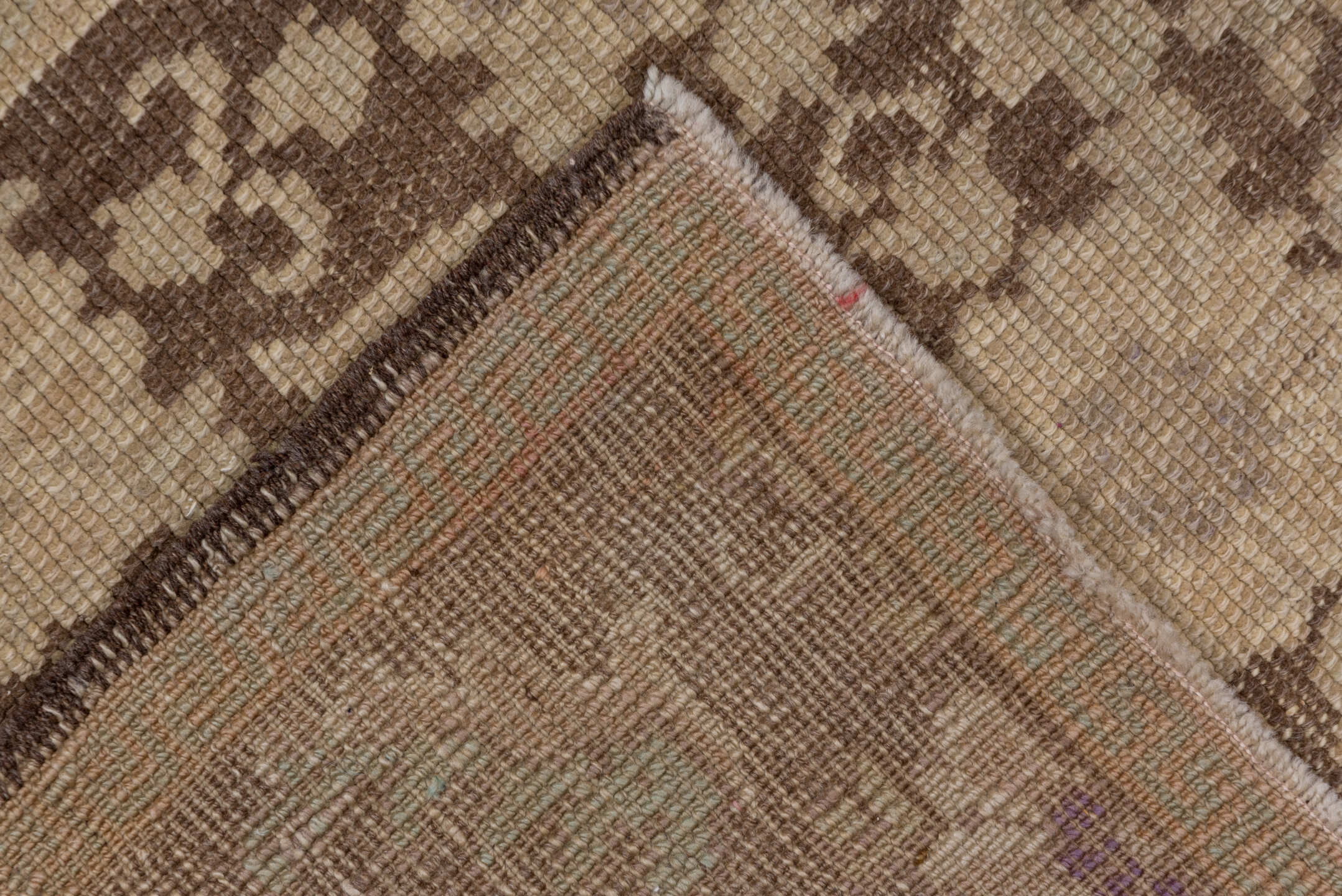 4' x 10' one-of-a-kind handmade vintage Oushak runner rug. Color palette: taupe, brown, beige, camel, ivory, gray
