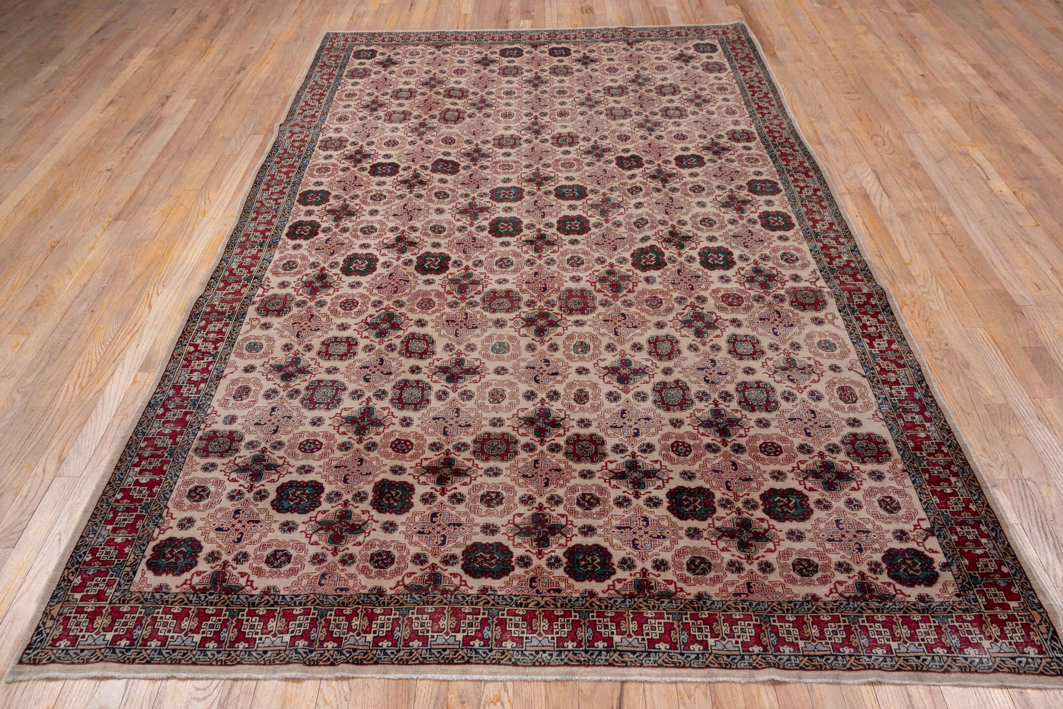 6' x 10' one-of-a-kind handmade vintage Hereke large size rug. Color palette: ivory, burgundy, navy, rose, taupe, slate
