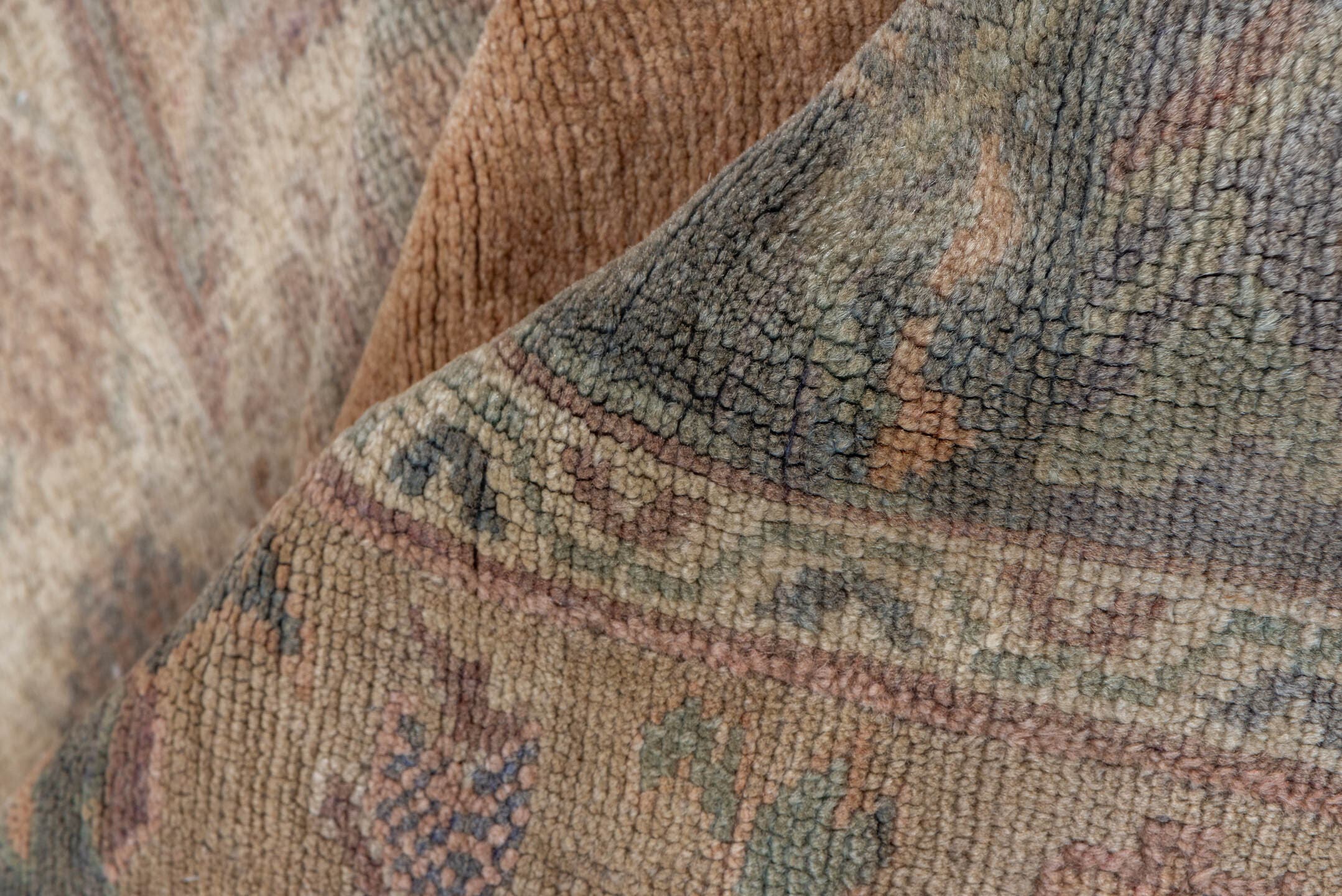 5' x 11' one-of-a-kind handmade vintage Oushak rug. Color palette: blush, taupe, sage, ivory, beige, slate, camel, pink