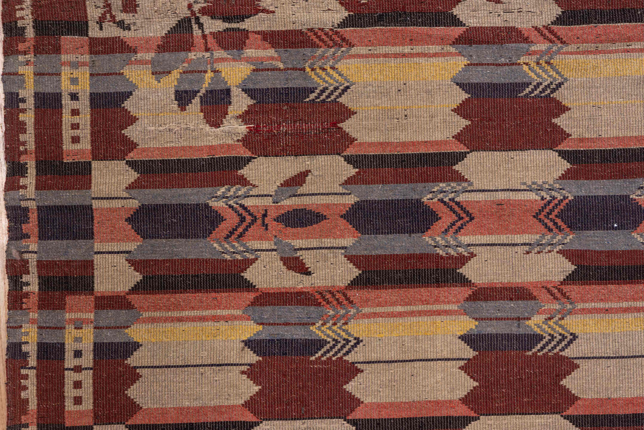 7' x 8' one-of-a-kind handmade vintage Kilim rug. Color palette: rust, ivory, charcoal, slate, rose, gold, taupe, terracotta