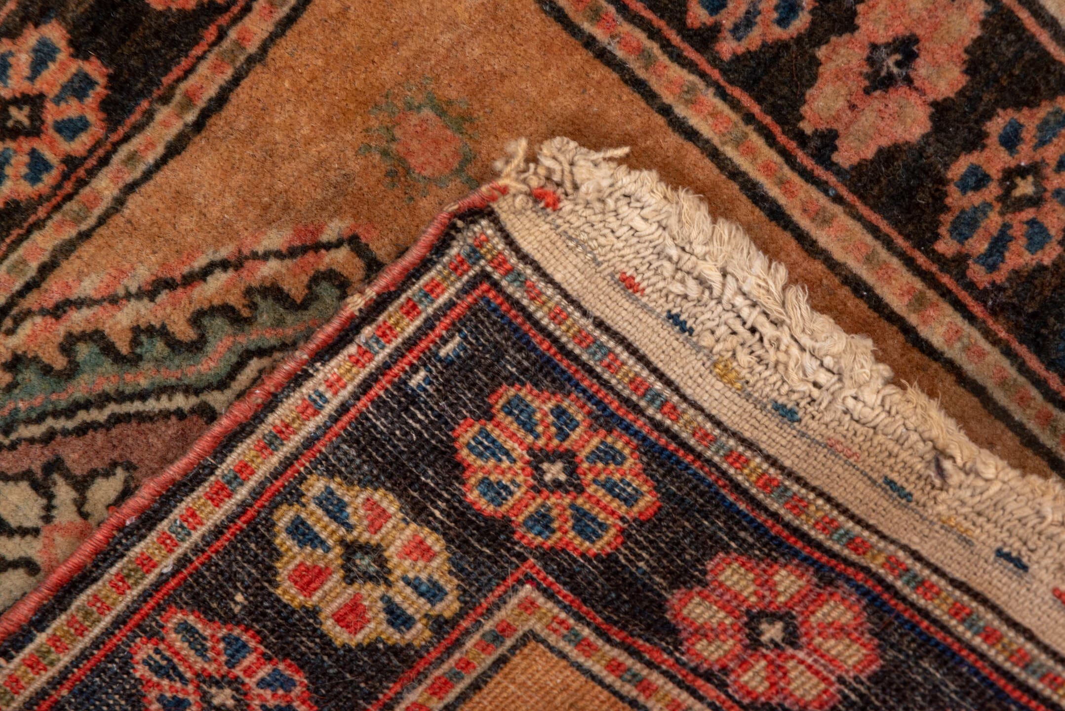 1' x 1' one-of-a-kind handmade antique Sarouk small size rug. Color palette: camel, brown, navy, rose, ivory, rust, slate