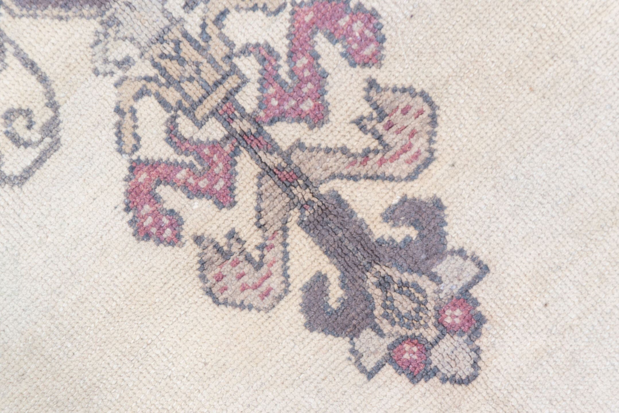 5' x 7' one-of-a-kind handmade vintage Oushak rug. Color palette: ivory, plum, slate, rose, taupe, burgundy, pink, purple