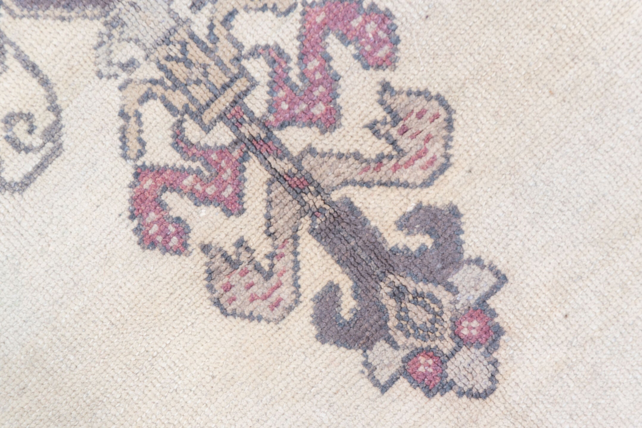 5' x 7' one-of-a-kind handmade vintage Oushak rug. Color palette: ivory, plum, slate, rose, taupe, burgundy, pink, purple