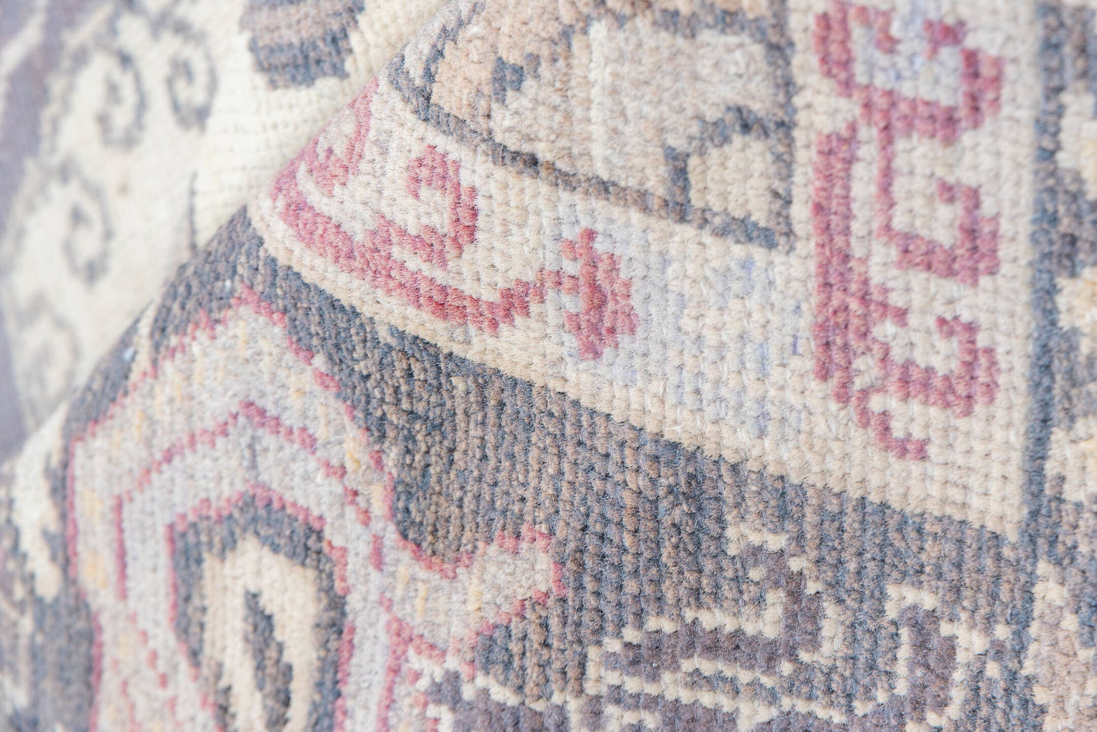 5' x 7' one-of-a-kind handmade vintage Oushak rug. Color palette: ivory, plum, slate, rose, taupe, burgundy, pink, purple