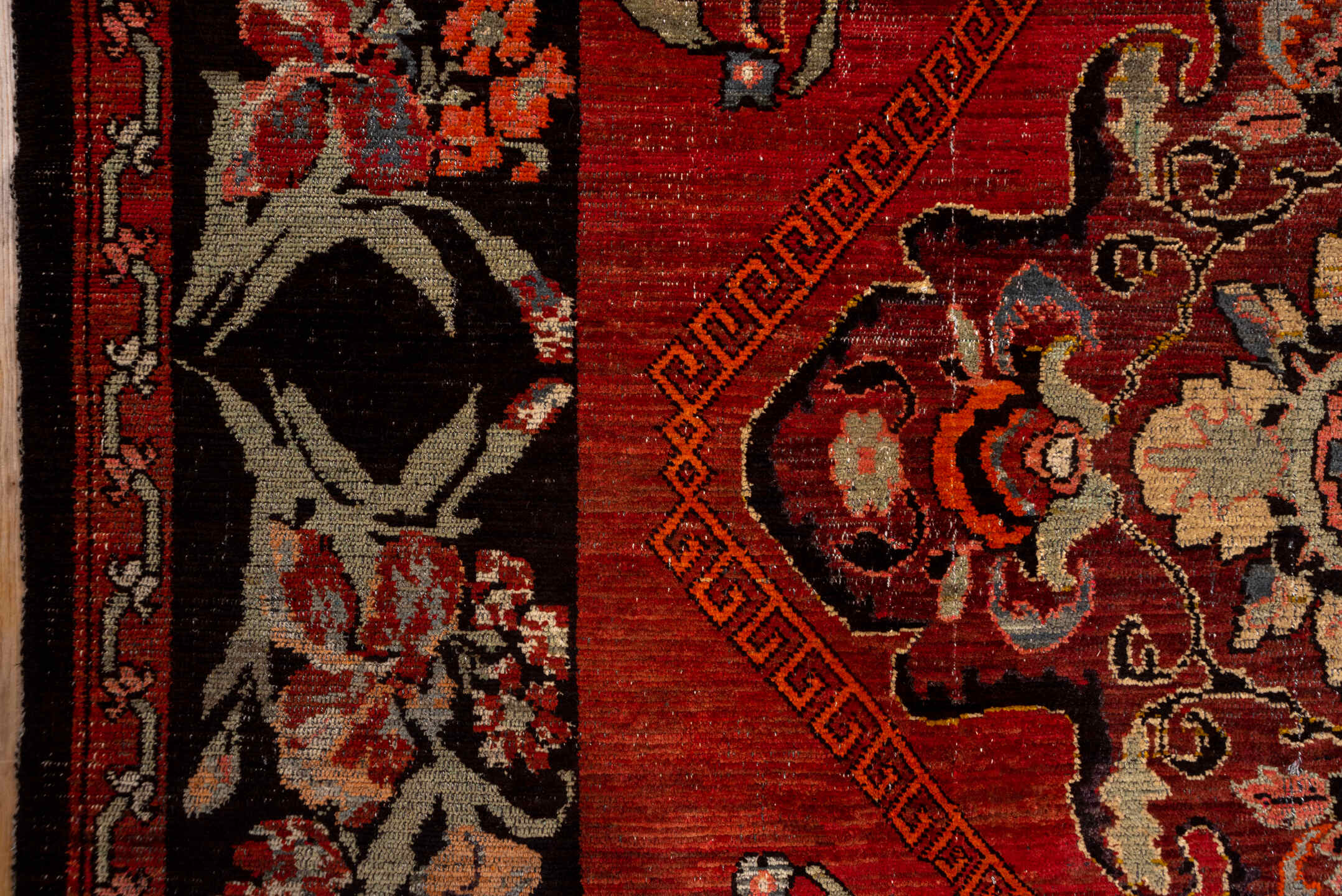 7' x 12' one-of-a-kind handmade antique Kars large size rug. Color palette: rust, charcoal, coral, ivory, rose, slate